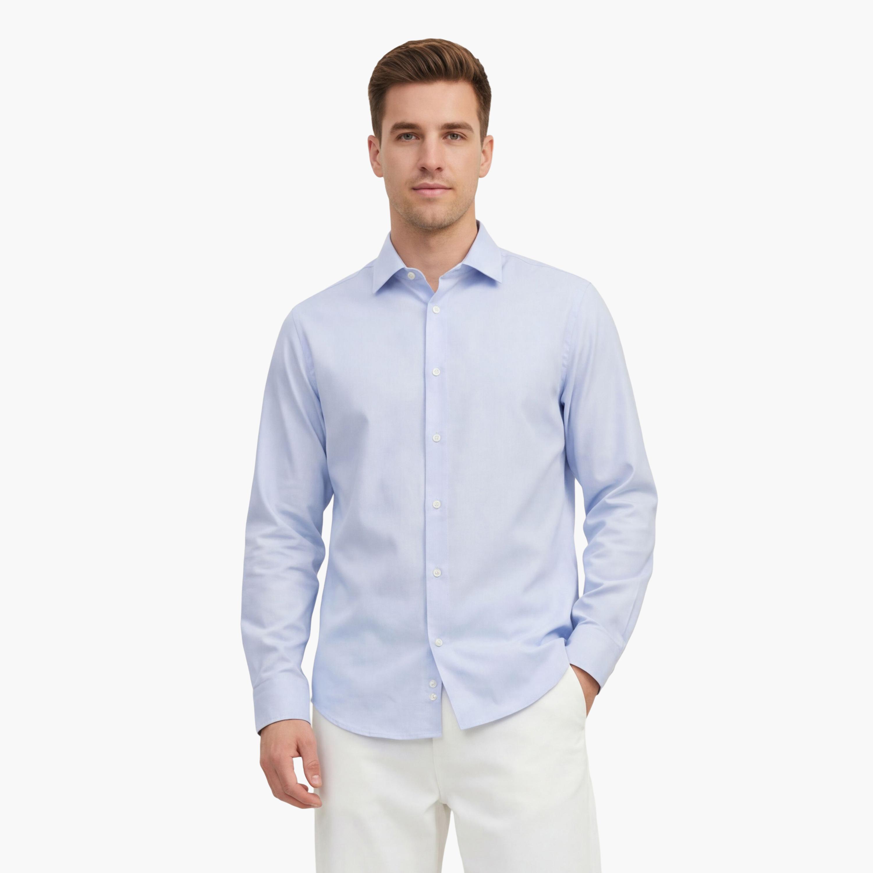 قميص رجالي بأكمام طويلة وقصة "سليم فيت" سادة وياقة "سبريد" من جانت-men-clothing-shirts-image-6