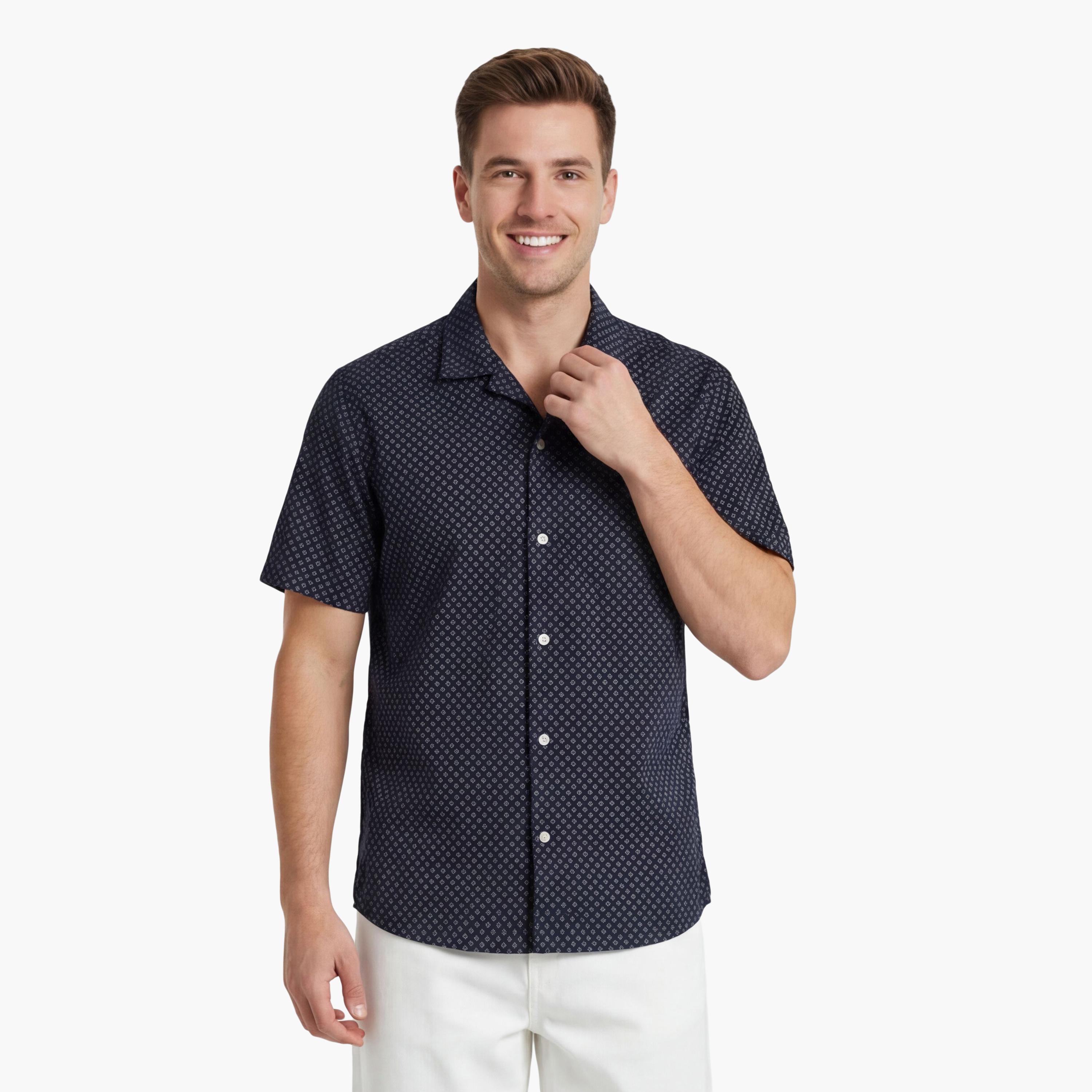Gant Printed Regular Fit Short Sleeves Linen Spread Collar Men's Shirt-men-clothing-shirts-image-1