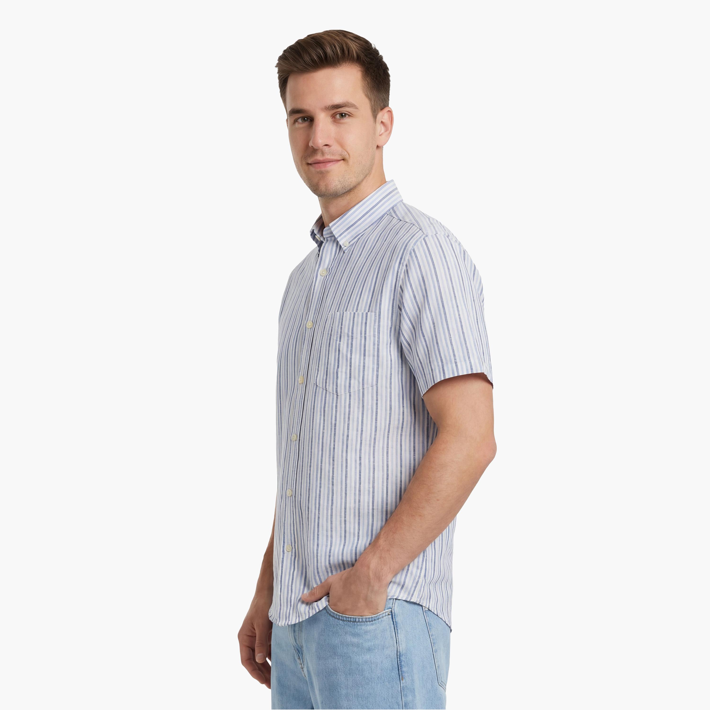 قميص كتان رجالي بأكمام قصيرة وقصة "ريجيولار فيت" مخطط وياقة "بوتن داون" من جانت-men-clothing-shirts-image-9