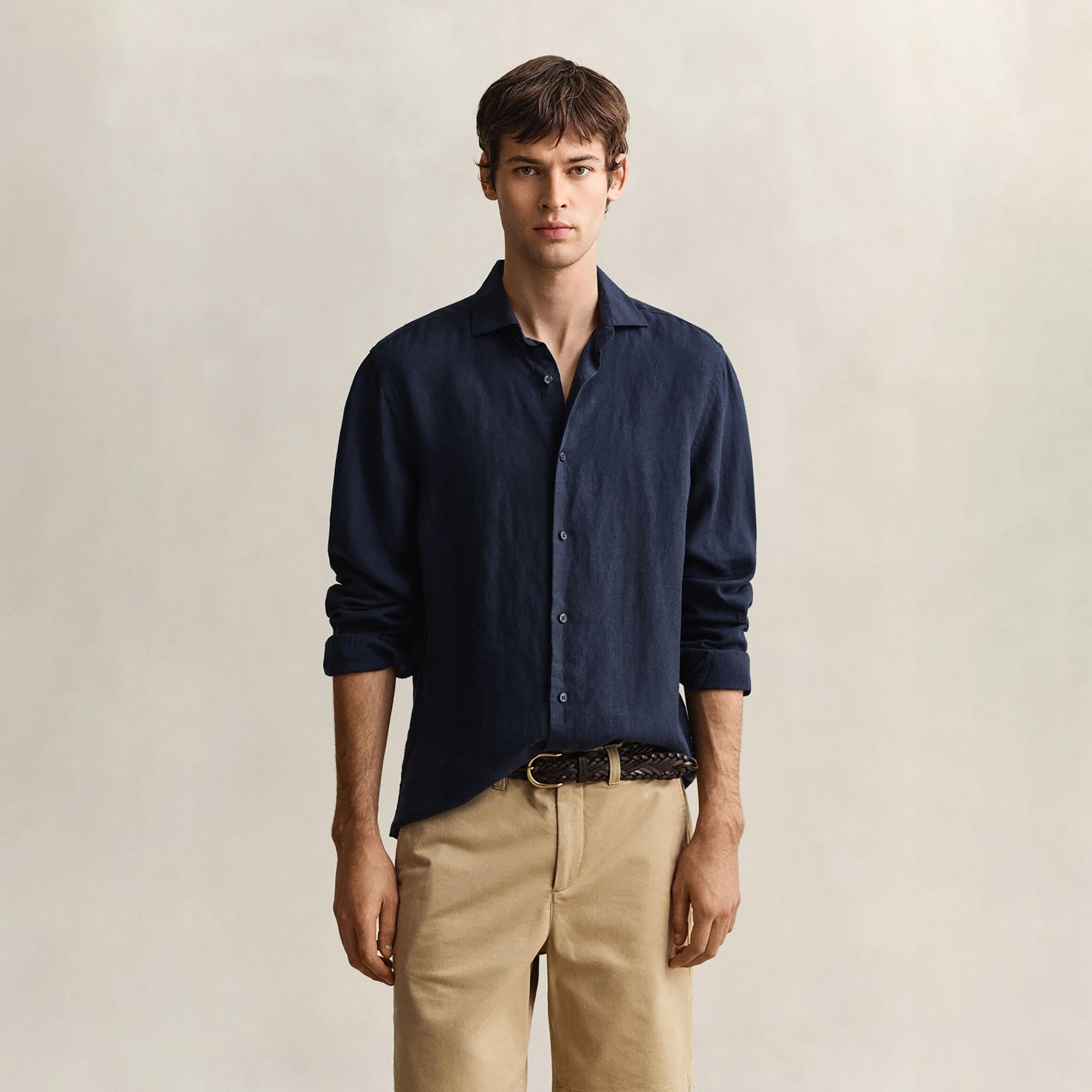 Gant Plain Regular Fit Long Sleeves Linen Spread Collar Men's Shirt-men-clothing-shirts-image-1