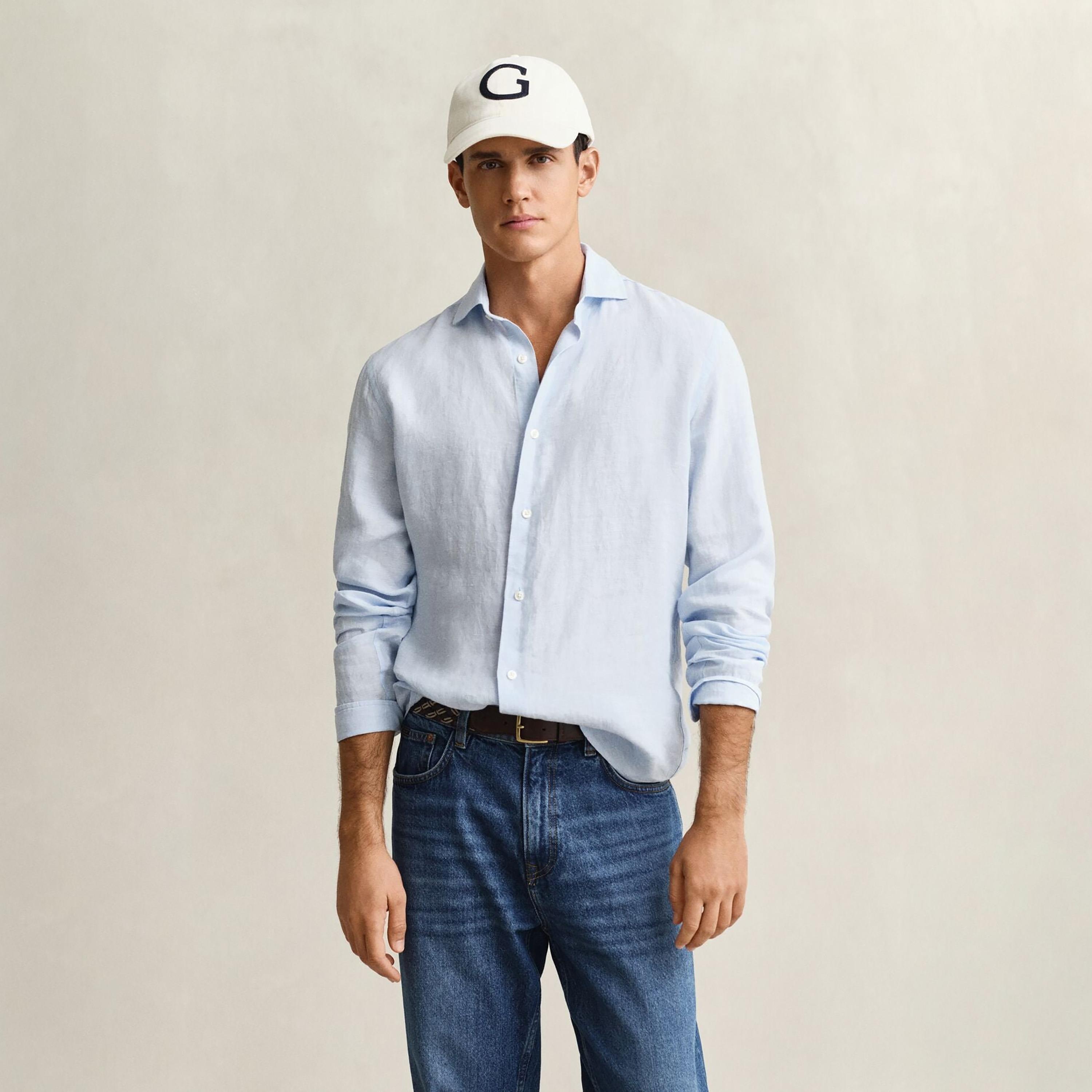 قميص كتان رجالي بأكمام طويلة وقصة "ريجيولار فيت" سادة وياقة "سبريد" من جانت-men-clothing-shirts-image-7