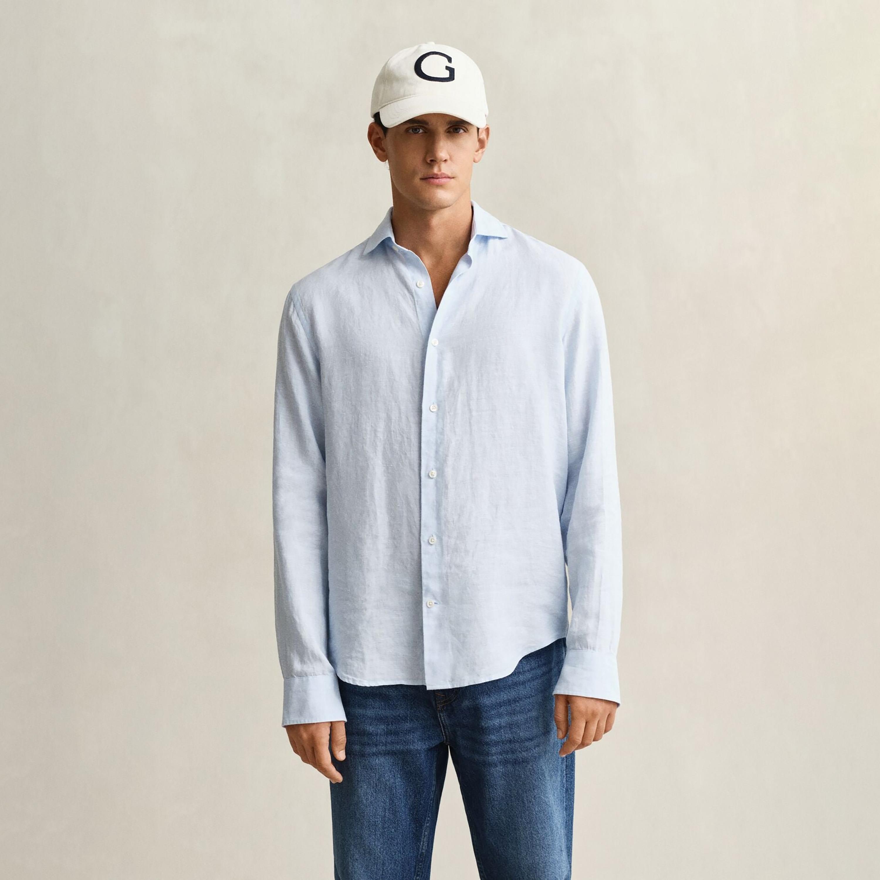 قميص كتان رجالي بأكمام طويلة وقصة "ريجيولار فيت" سادة وياقة "سبريد" من جانت-men-clothing-shirts-image-11