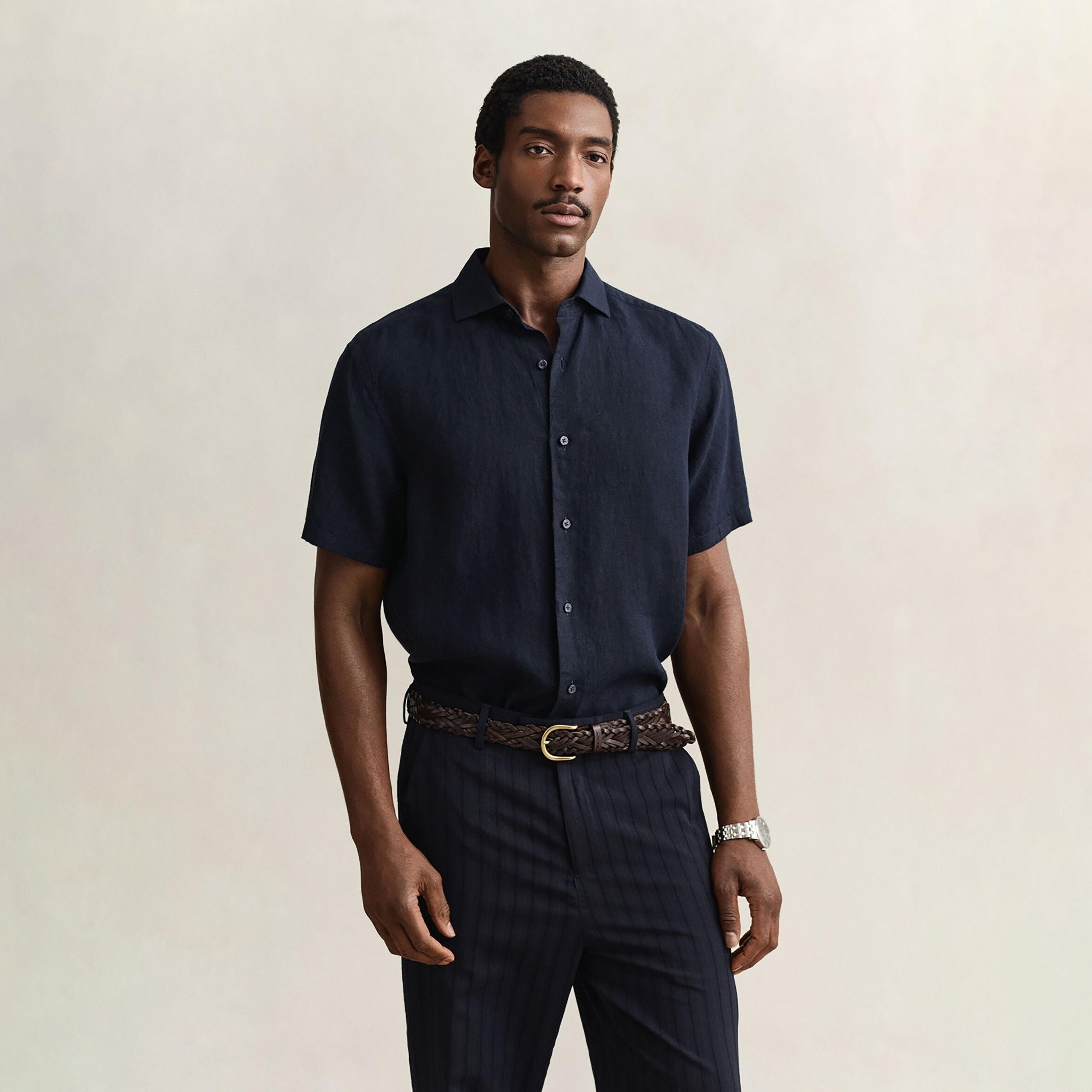 Gant Regular Fit Plain Collared Short Sleeves Men's Linen Shirt-men-clothing-shirts-image-1