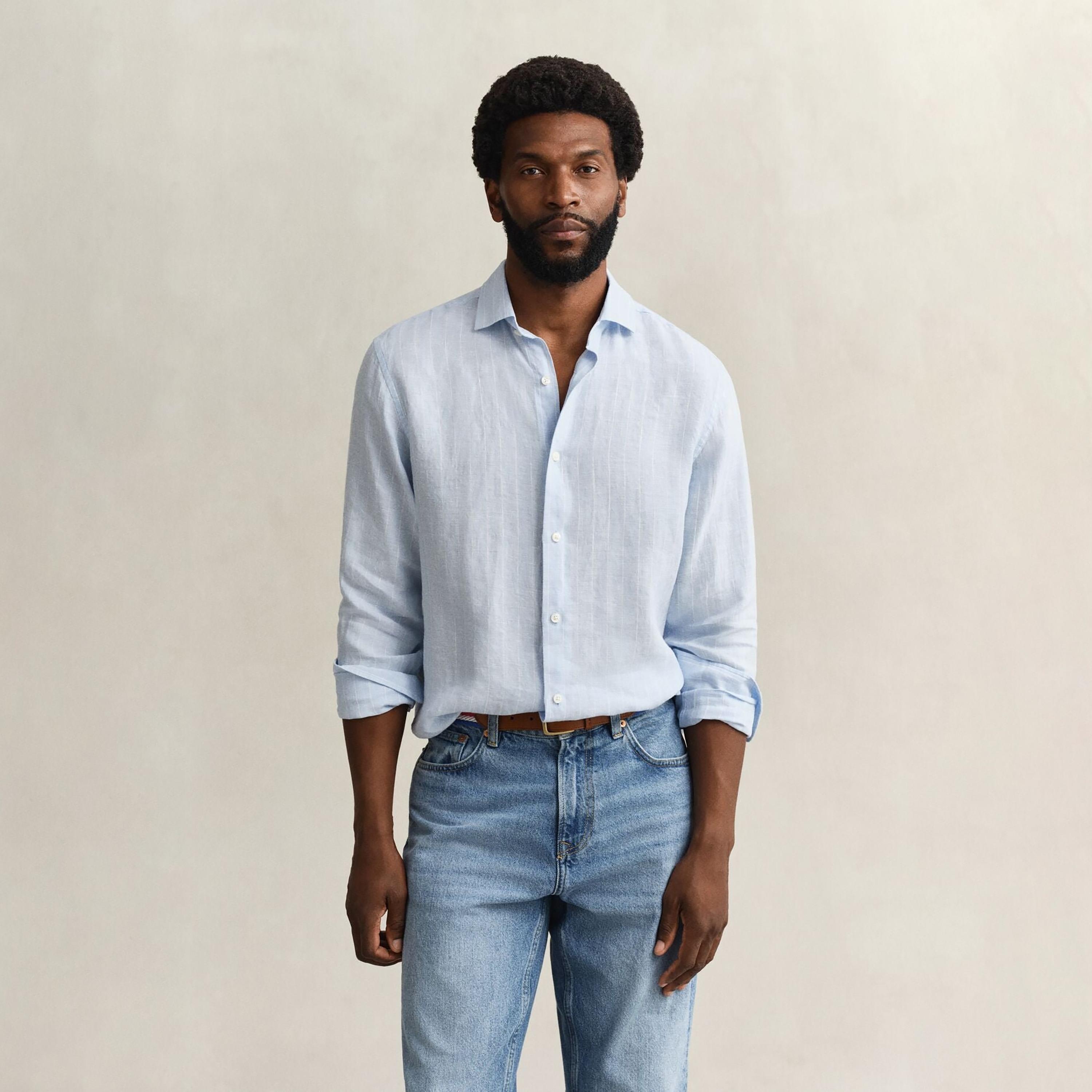 Gant Striped Regular Fit Long Sleeves Linen Spread Collar Men's Shirt-men-clothing-shirts-image-13