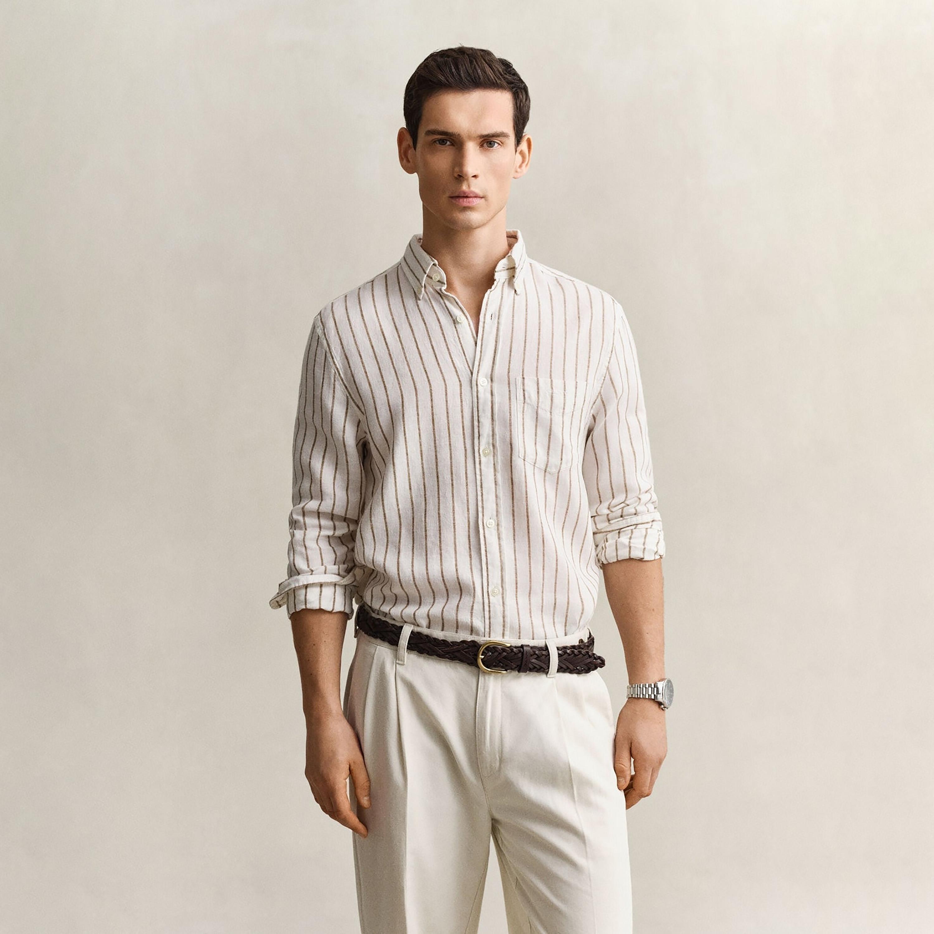 قميص رجالي بقصة عادية مخطط بياقة بأزرار وأكمام طويلة من غانت-men-clothing-shirts-image-1