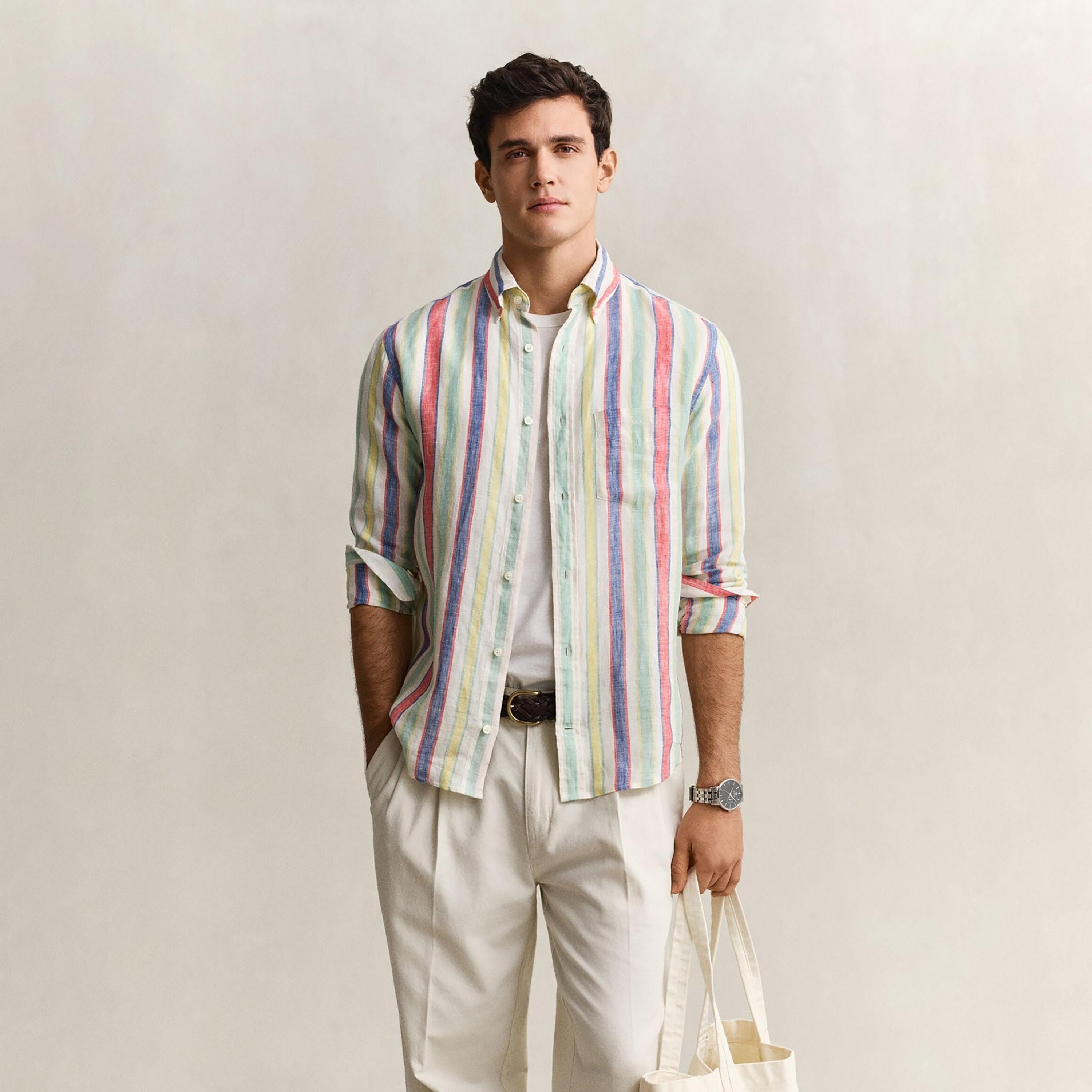 Gant Regular Fit Striped Collared Long Sleeves Men's Linen Shirt-men-clothing-shirts-image-1