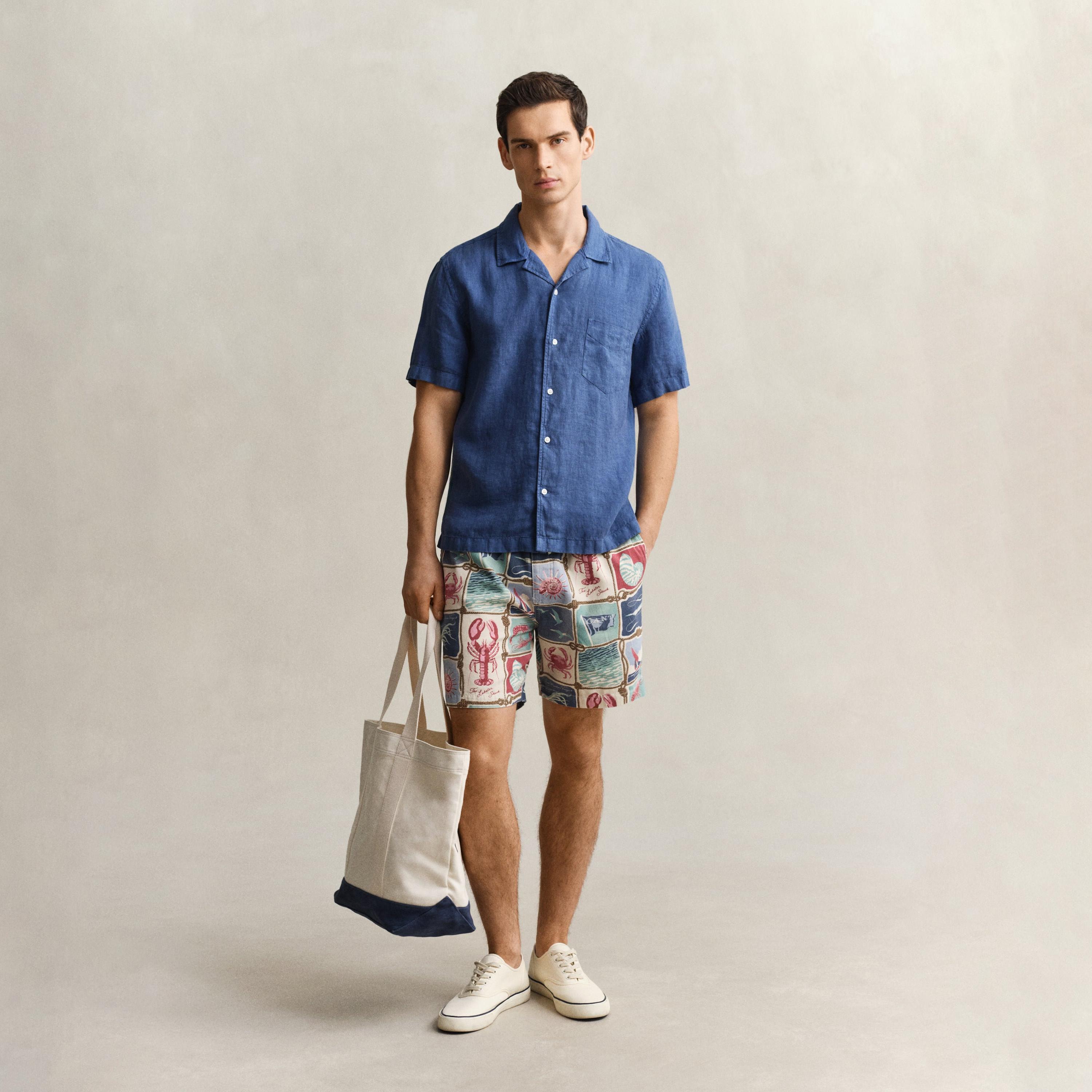 قميص كتان رجالي بأكمام قصيرة وقصة "ريجيولار فيت" سادة وياقة "ريزورت" من جانت-men-clothing-shirts-image-15