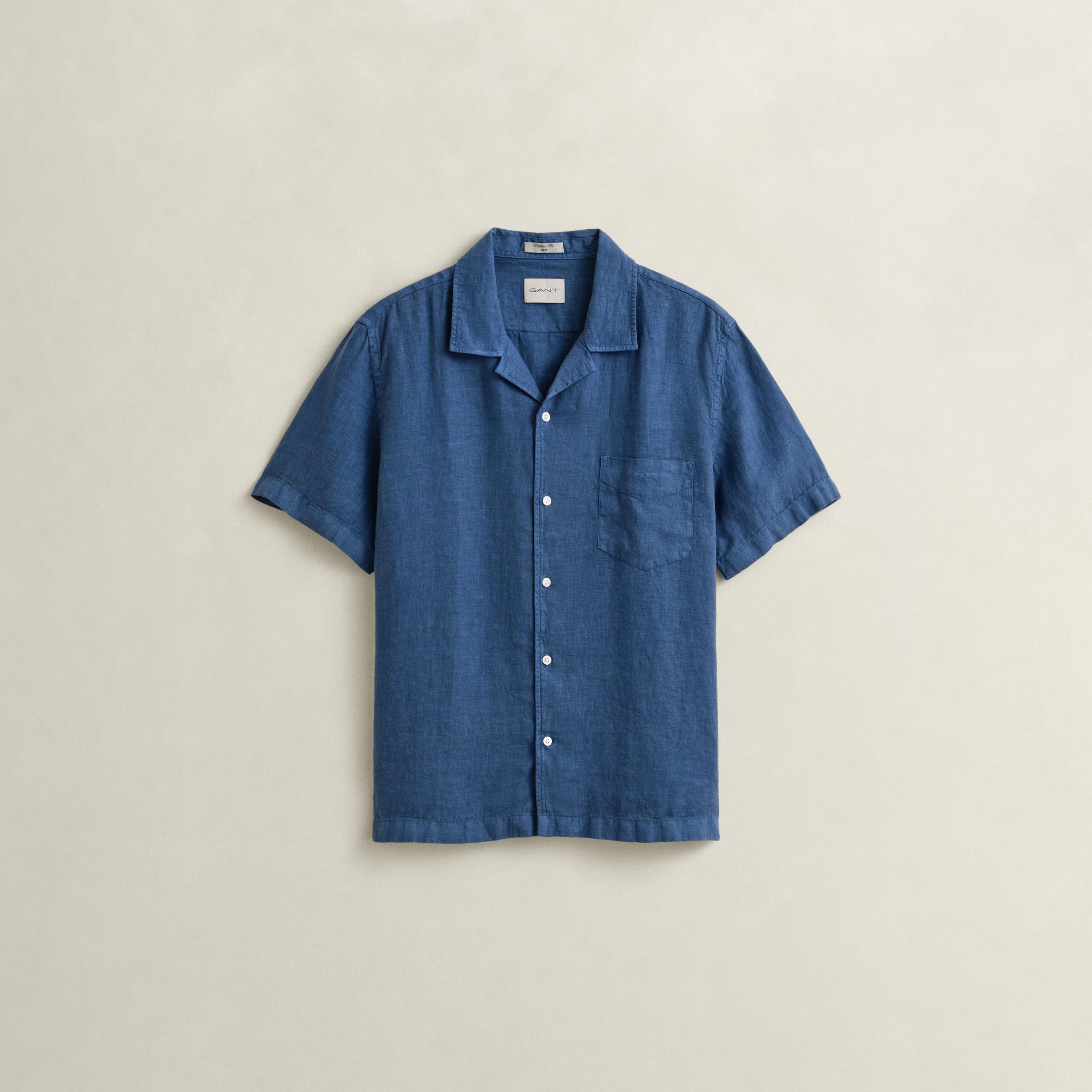 قميص كتان رجالي بأكمام قصيرة وقصة "ريجيولار فيت" سادة وياقة "ريزورت" من جانت-men-clothing-shirts-image-18