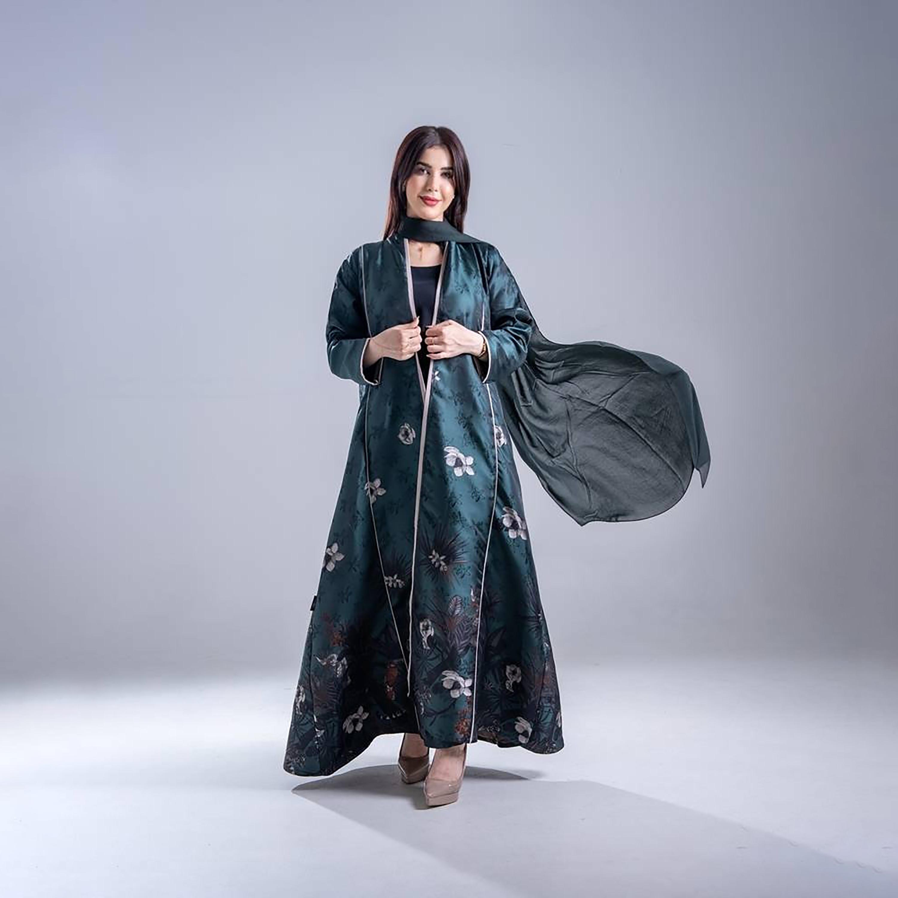 عباية كريب نسائية بطبعة زهور خضراء من إليجانت حجاب-women-arabicclothing-abayas-image-4