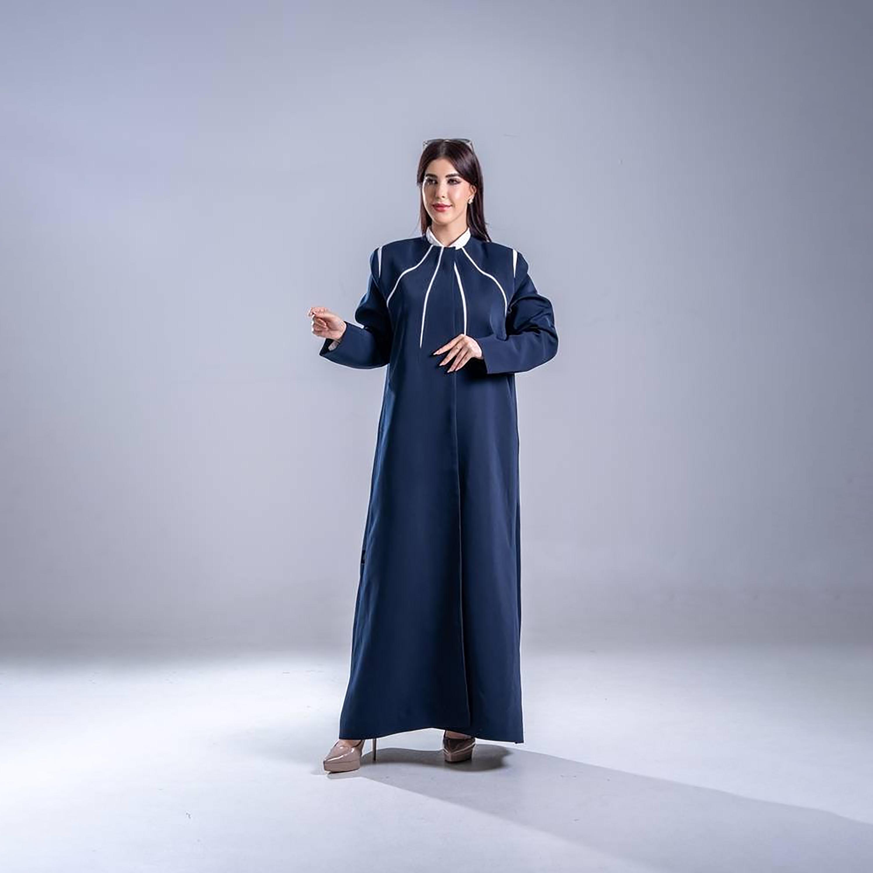 Elegant Hijab Contrast Piping Detail Crepe Women's Half Cloche Abaya-women-arabicclothing-abayas-image-1