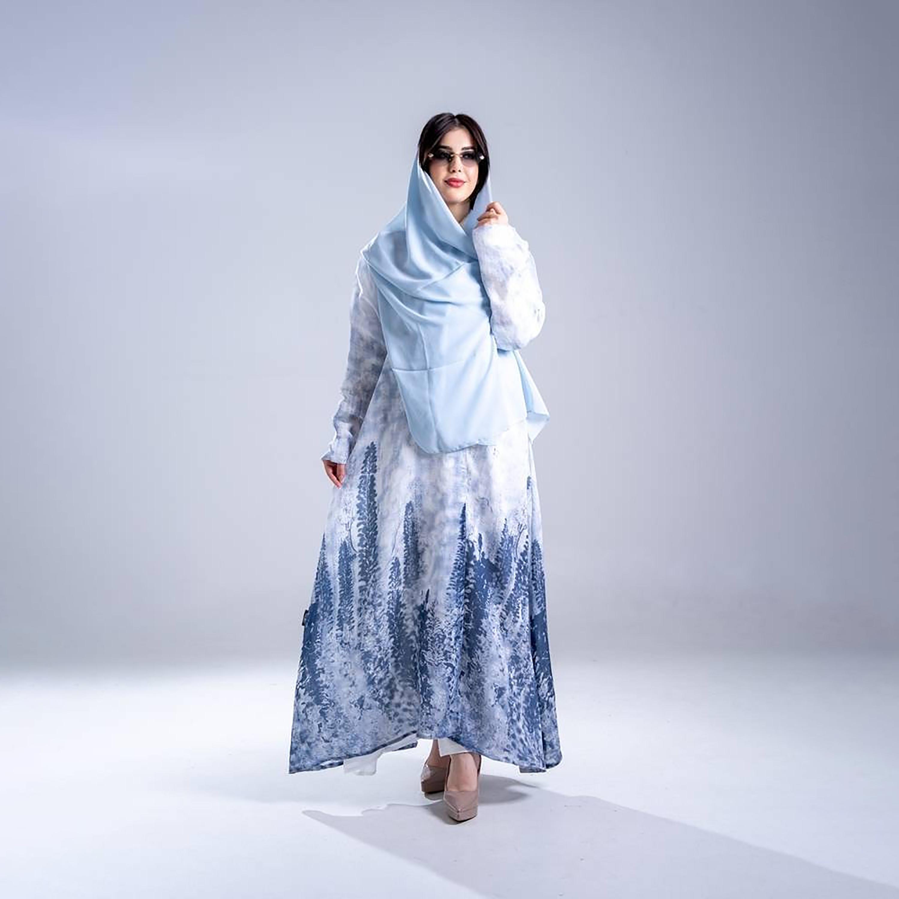 Elegant Hijab Abstract Print Crepe Women's Flared Half Cloche Abaya with Hijab-women-arabicclothing-abayas-image-1