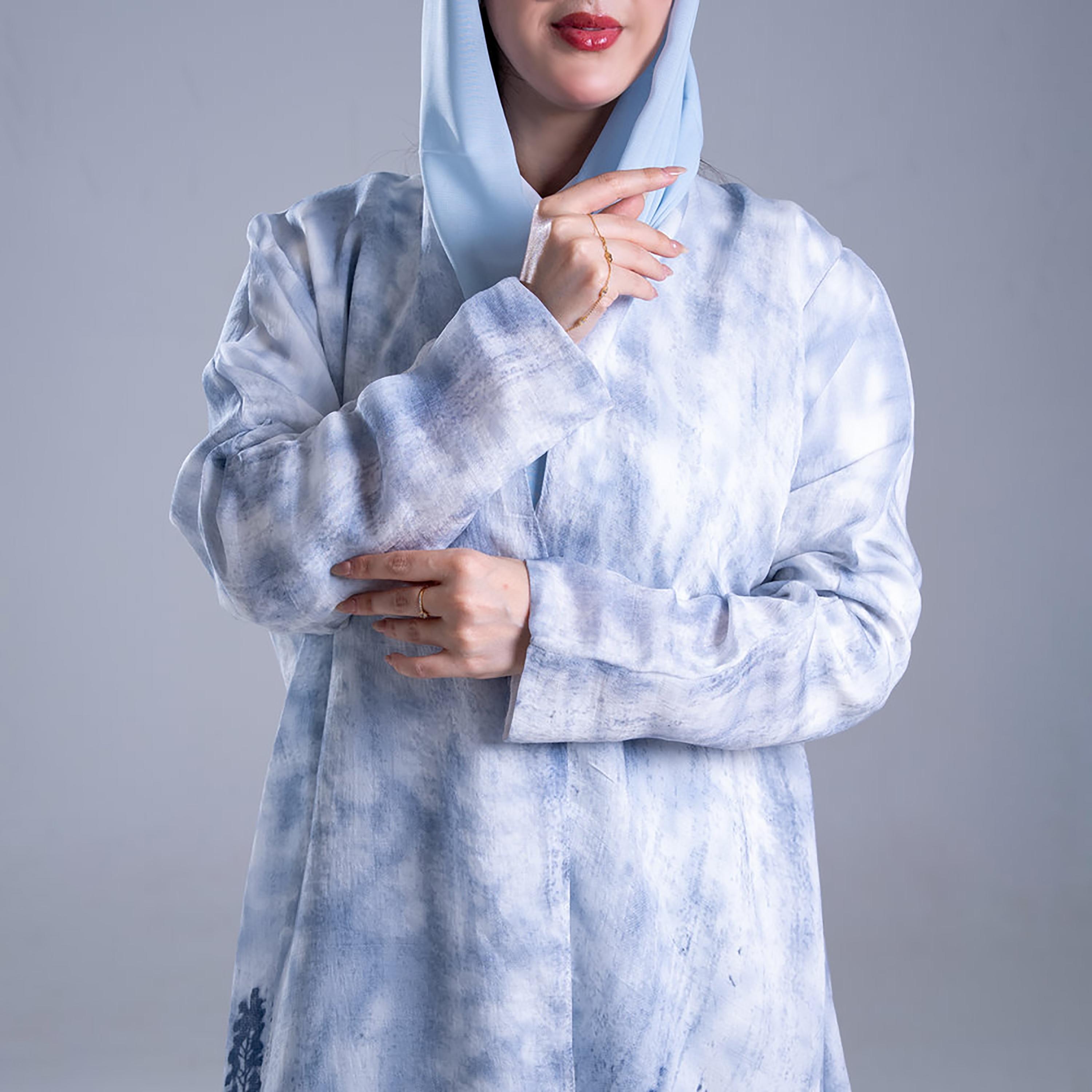 Elegant Hijab Abstract Print Crepe Women's Flared Half Cloche Abaya with Hijab-women-arabicclothing-abayas-image-3