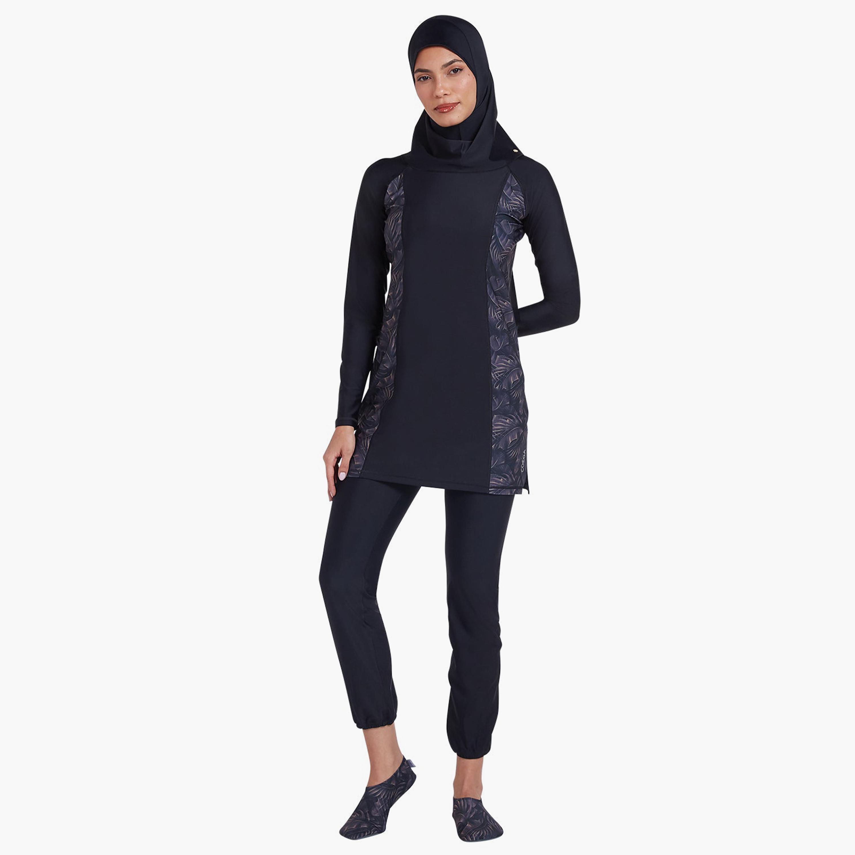 COEGA Women's Modest Three-Piece Swim Set, Nero Silver Tropical-women-clothing-swimandbeach-burkinis-image-1