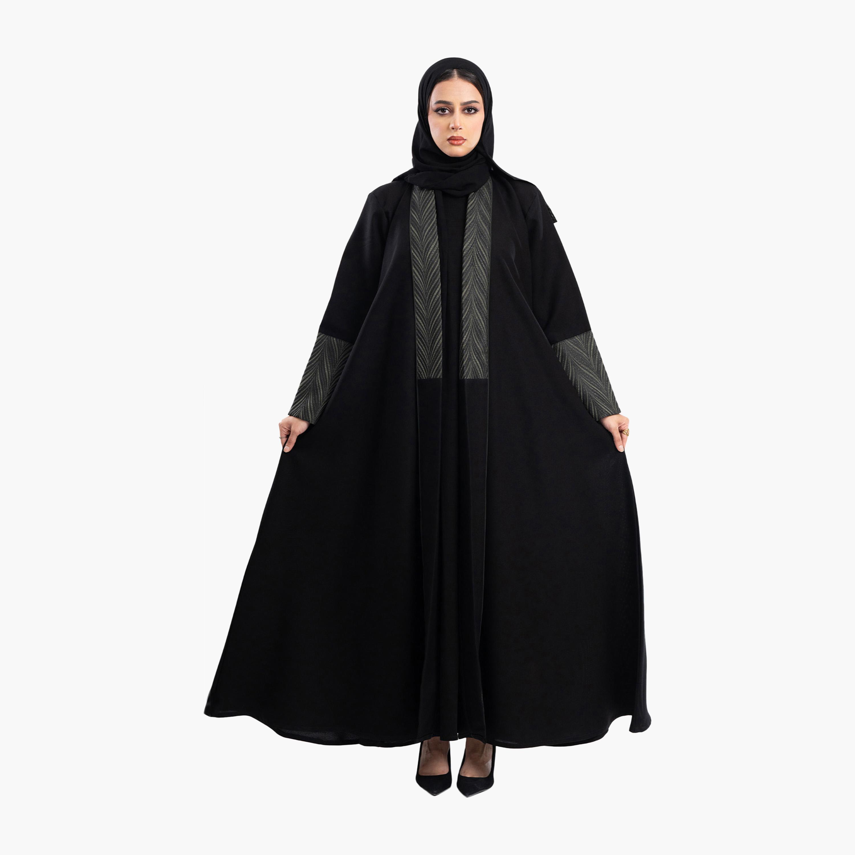 Zahiyh Black Jacquard Dual Tone Sleeves Abaya with Hijab-women-arabicclothing-abayas-image-1