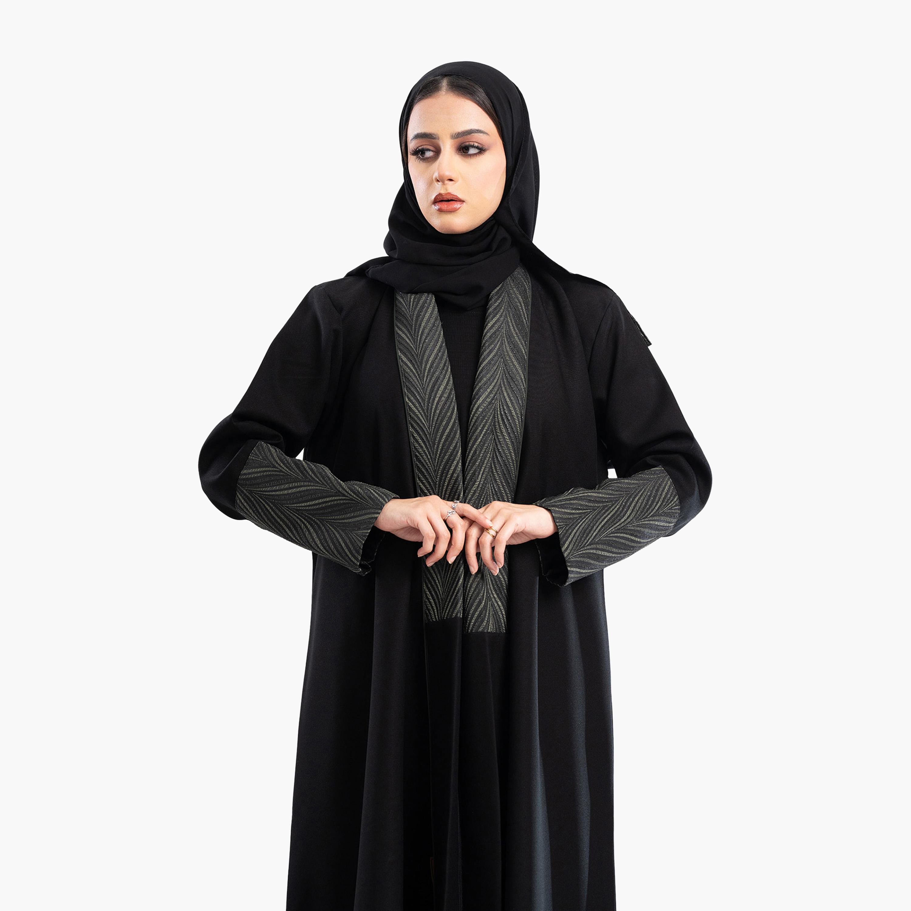 Zahiyh Black Jacquard Dual Tone Sleeves Abaya with Hijab-women-arabicclothing-abayas-image-2