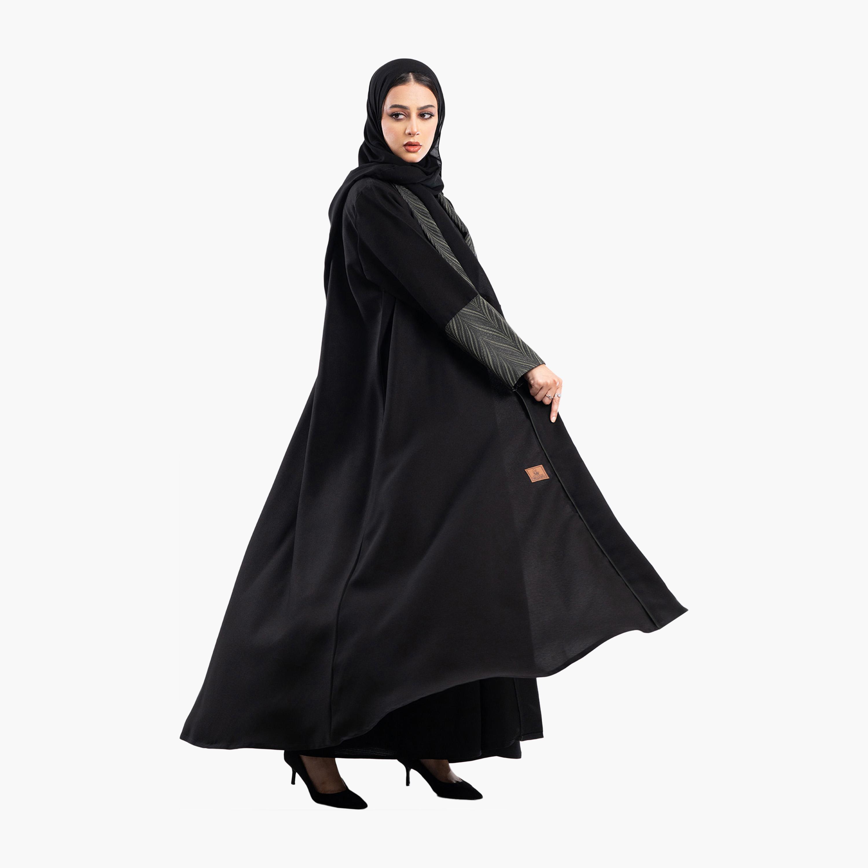 Zahiyh Black Jacquard Dual Tone Sleeves Abaya with Hijab-women-arabicclothing-abayas-image-3