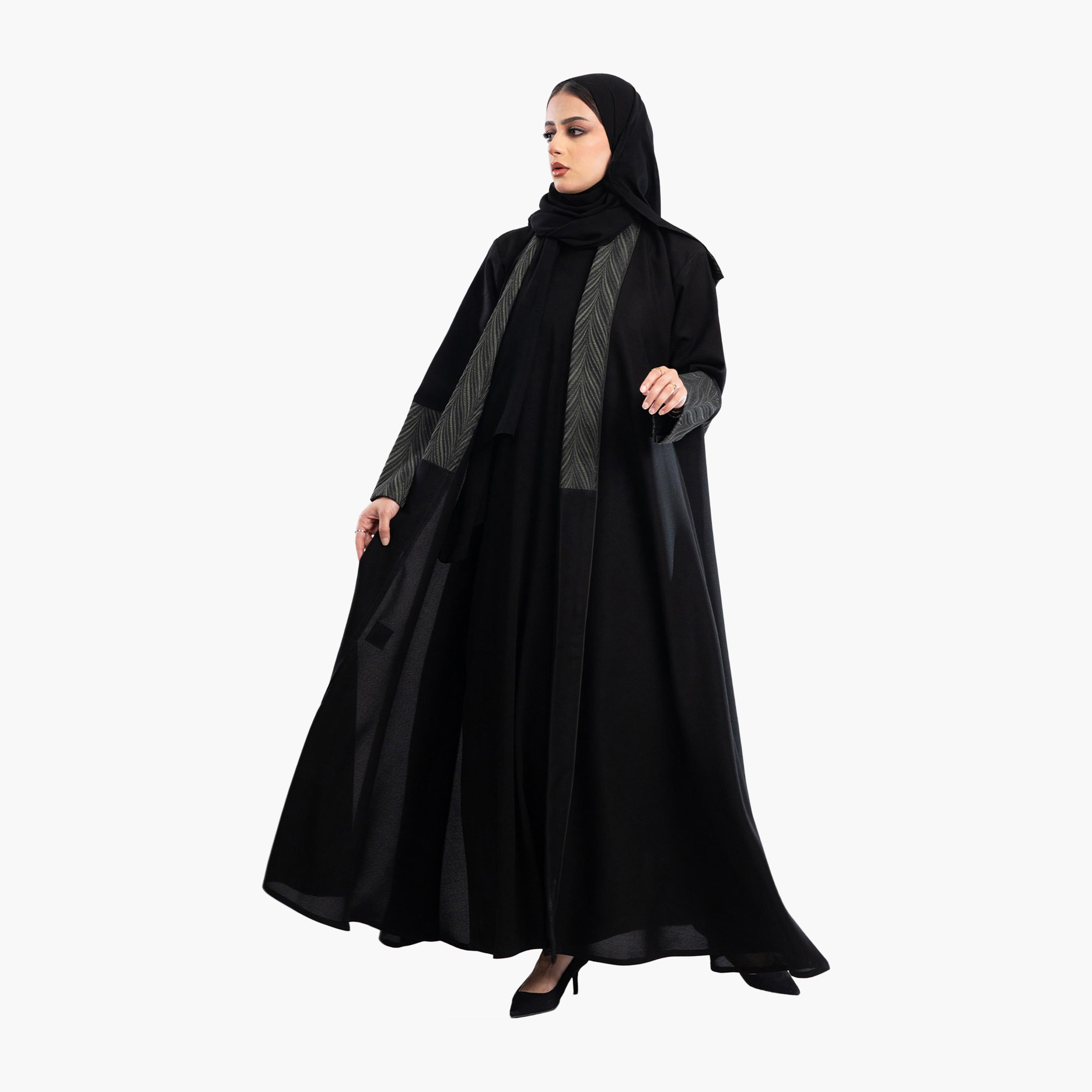 Zahiyh Black Jacquard Dual Tone Sleeves Abaya with Hijab-women-arabicclothing-abayas-image-4