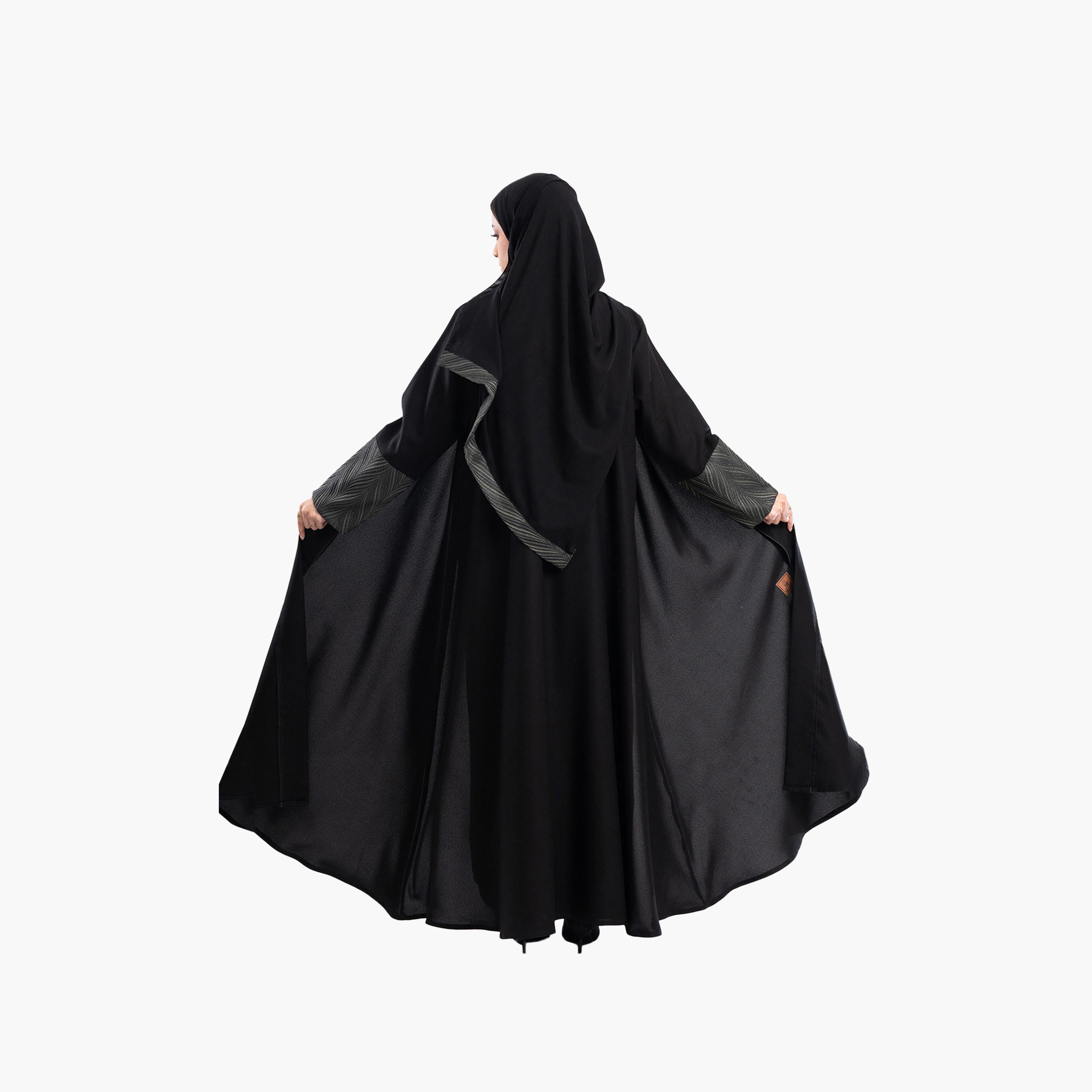 Zahiyh Black Jacquard Dual Tone Sleeves Abaya with Hijab-women-arabicclothing-abayas-image-5