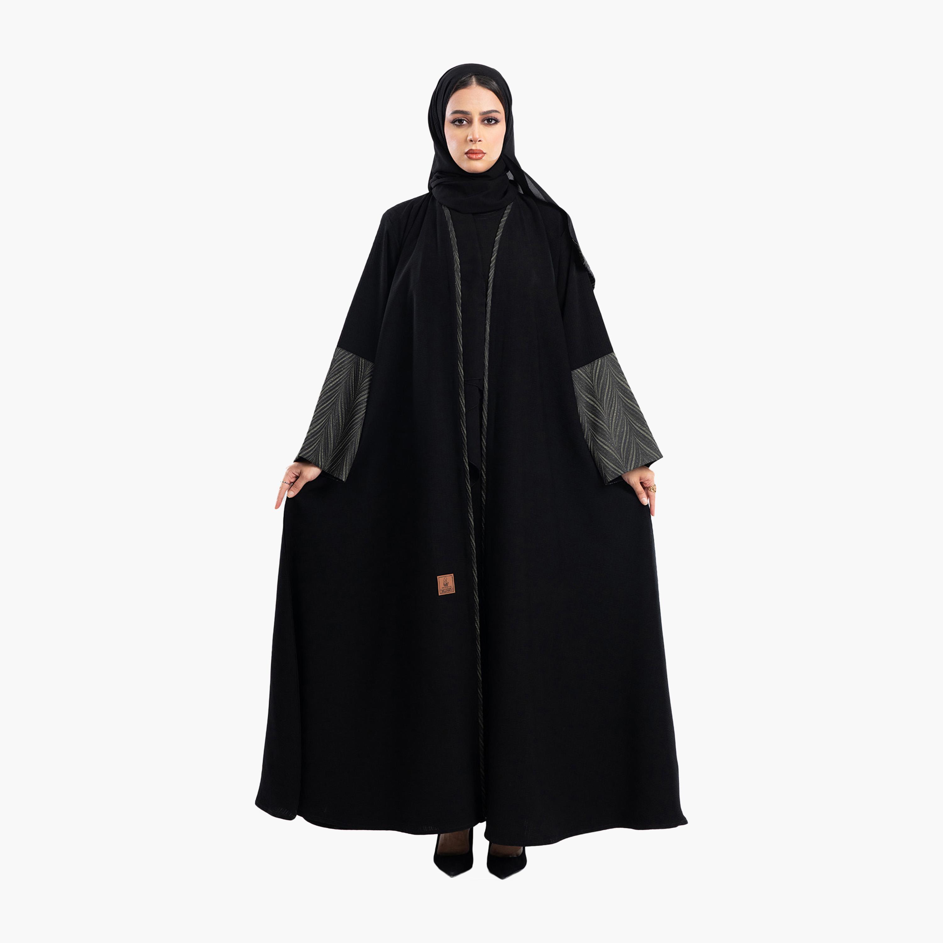 Zahiyh Jacquard Dual Tone Wide Sleeves Abaya with Hijab-women-arabicclothing-abayas-image-1