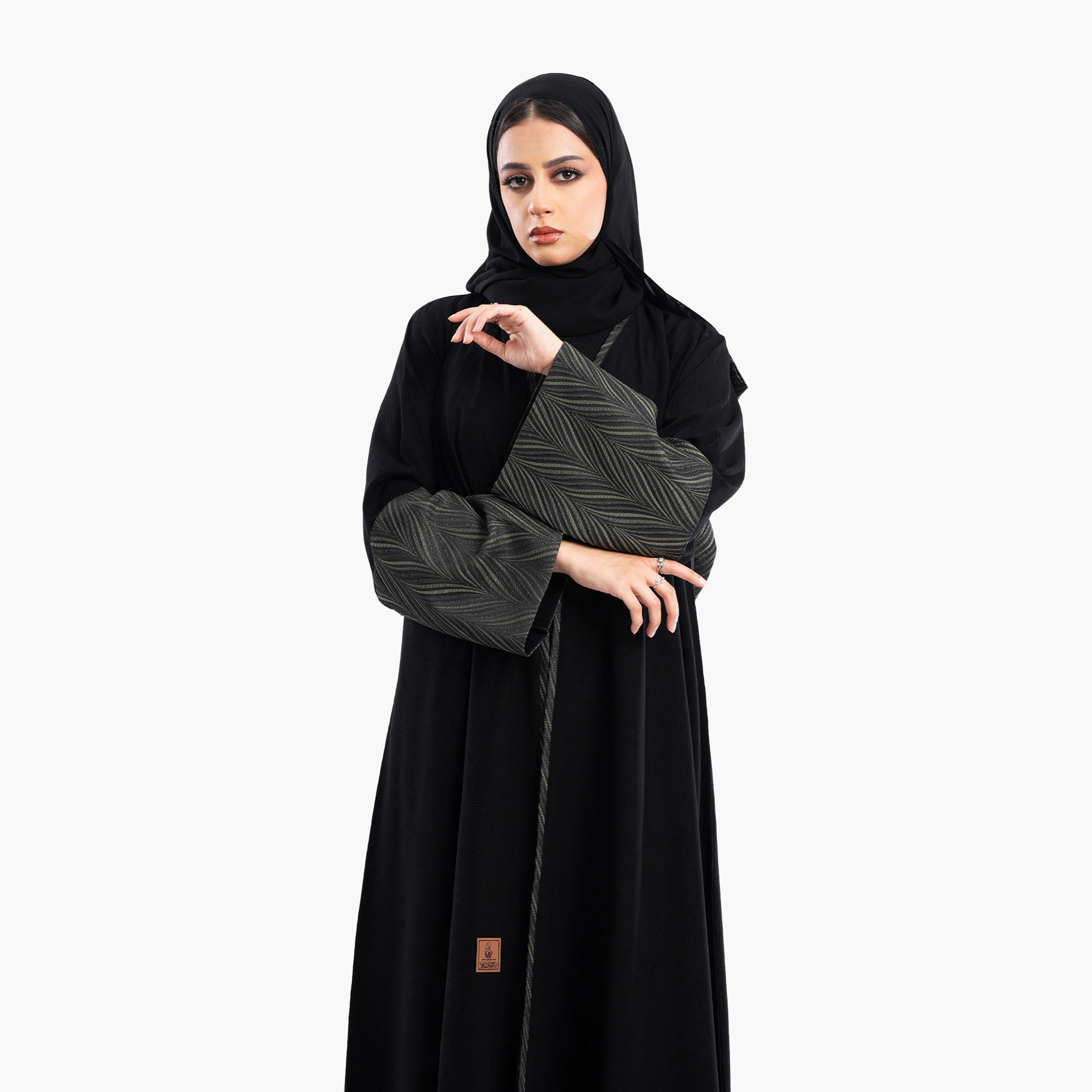 Zahiyh Jacquard Dual Tone Wide Sleeves Abaya with Hijab-women-arabicclothing-abayas-image-2