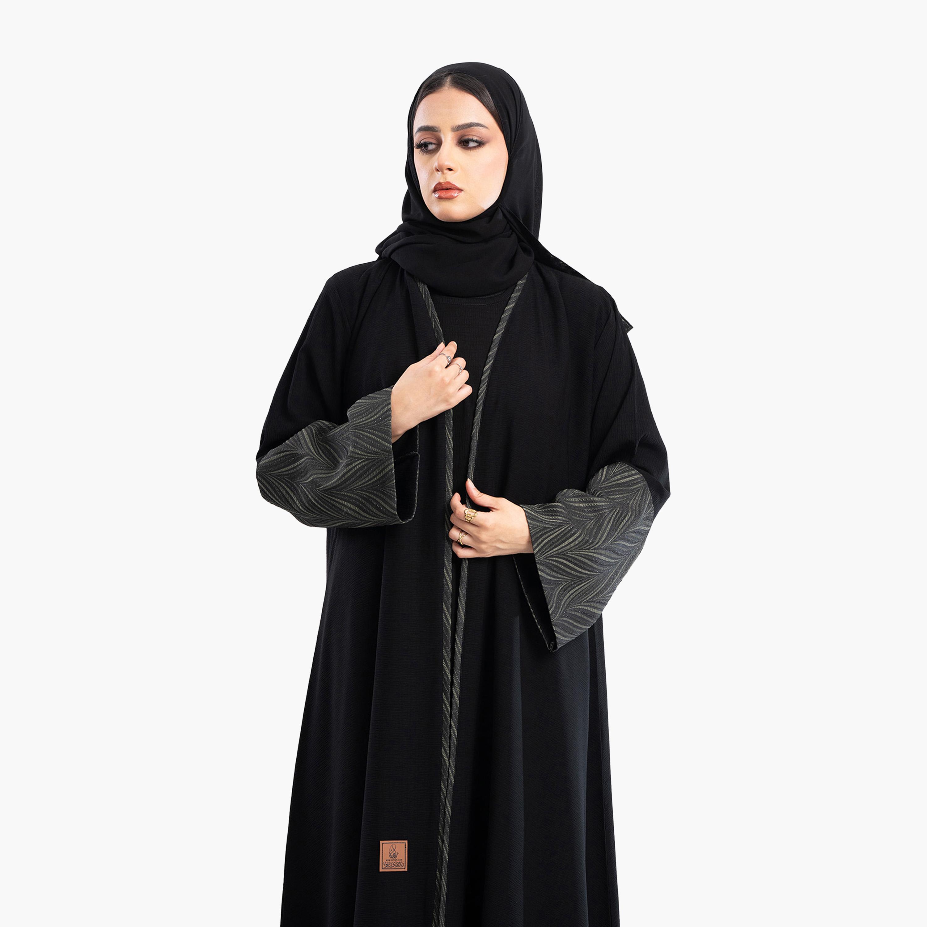 Zahiyh Jacquard Dual Tone Wide Sleeves Abaya with Hijab-women-arabicclothing-abayas-image-3