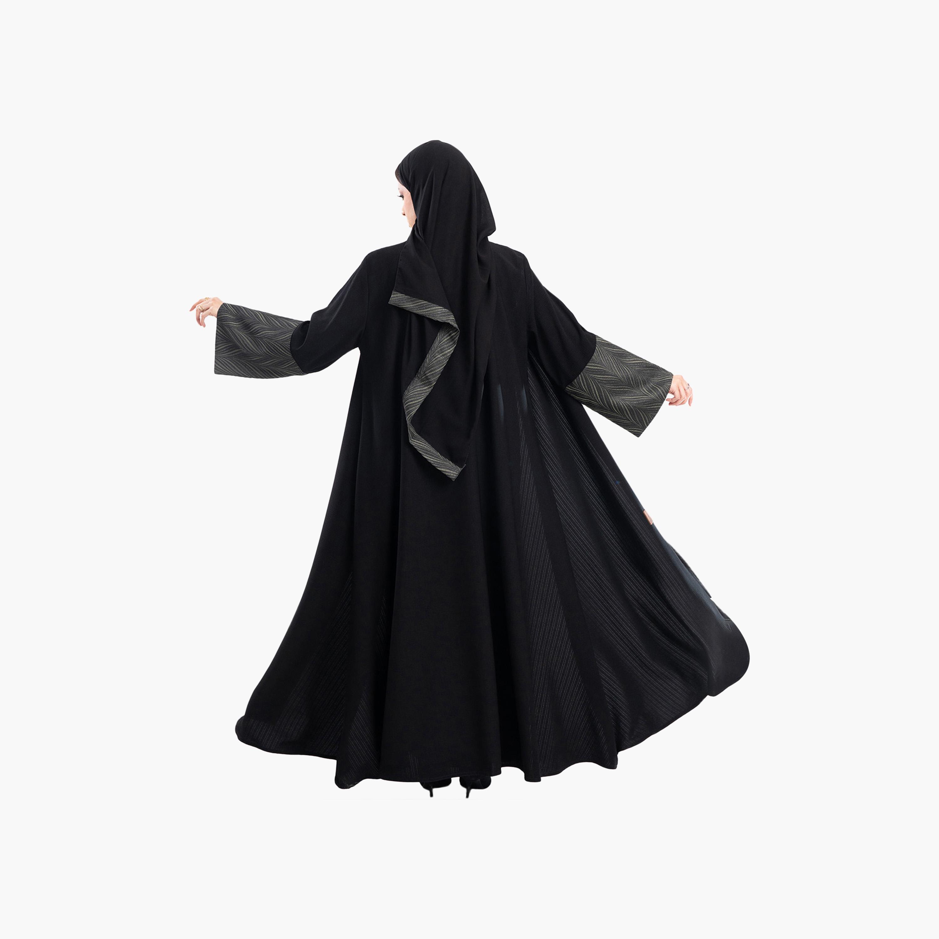 Zahiyh Jacquard Dual Tone Wide Sleeves Abaya with Hijab-women-arabicclothing-abayas-image-4