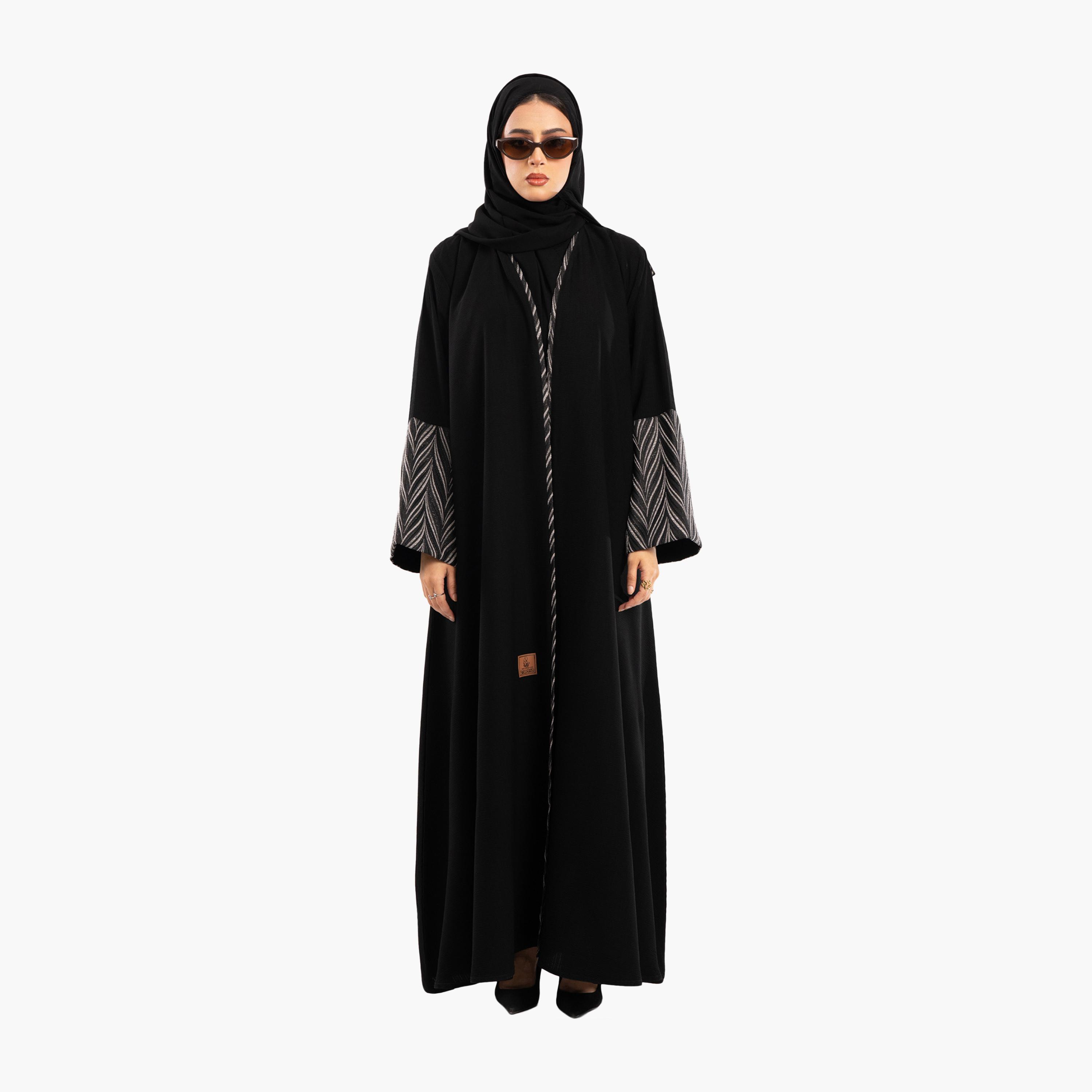Zahiyh Jacquard Dual Tone Wide Sleeves Abaya with Hijab-women-arabicclothing-abayas-image-1