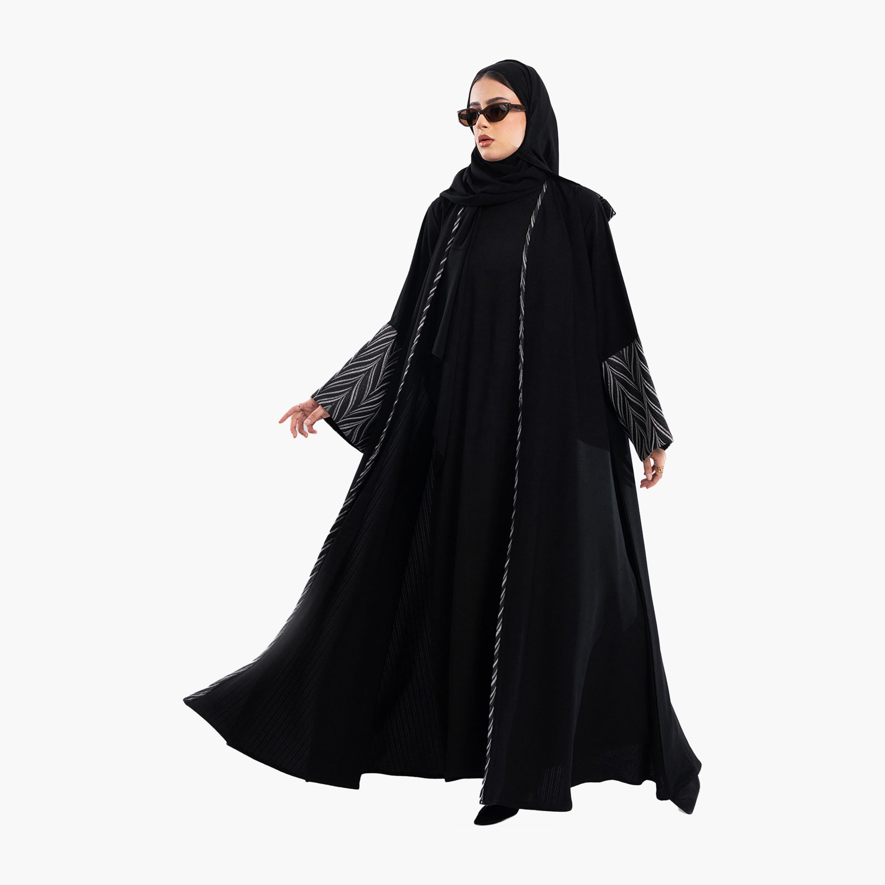 Zahiyh Jacquard Dual Tone Wide Sleeves Abaya with Hijab-women-arabicclothing-abayas-image-2