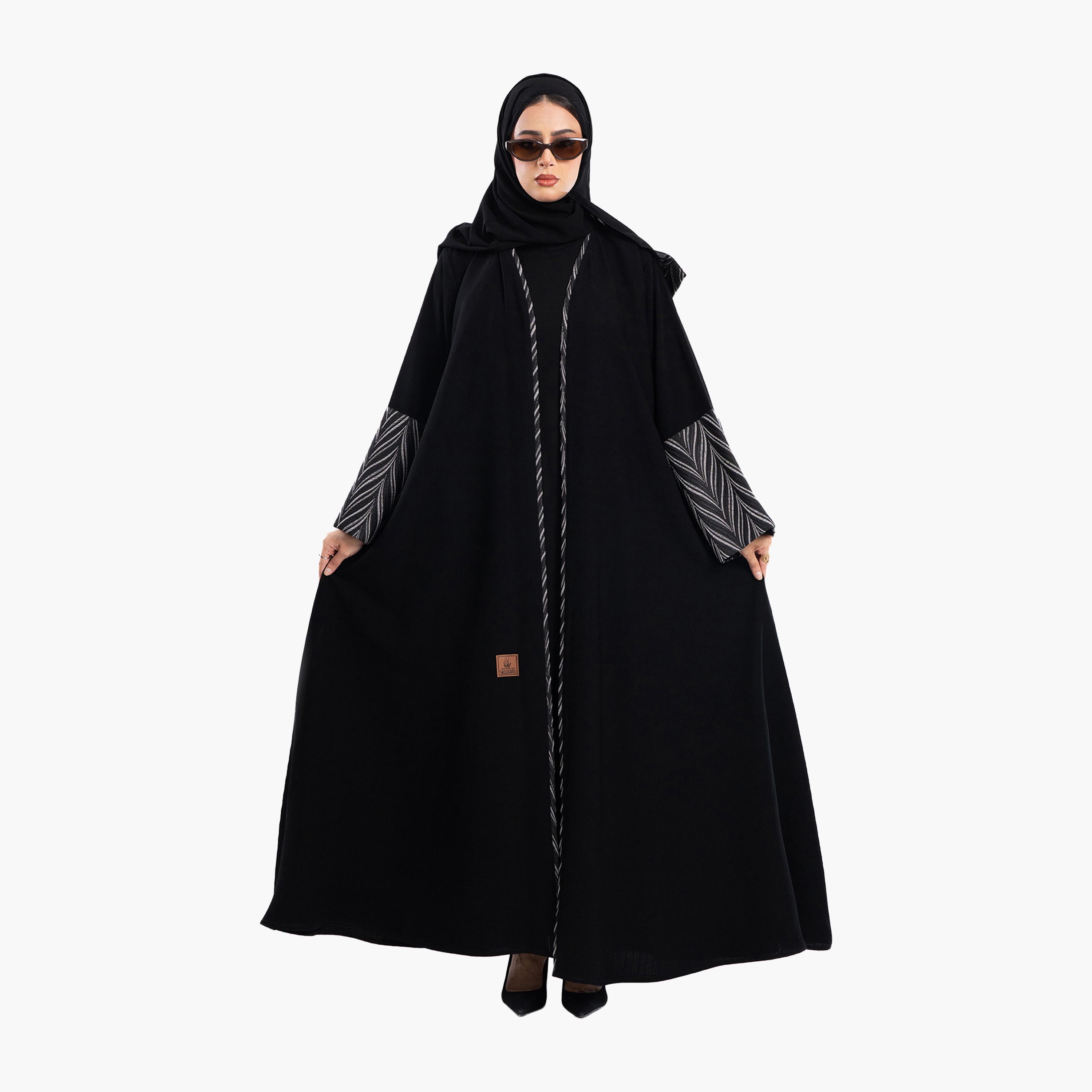 Zahiyh Jacquard Dual Tone Wide Sleeves Abaya with Hijab-women-arabicclothing-abayas-image-3