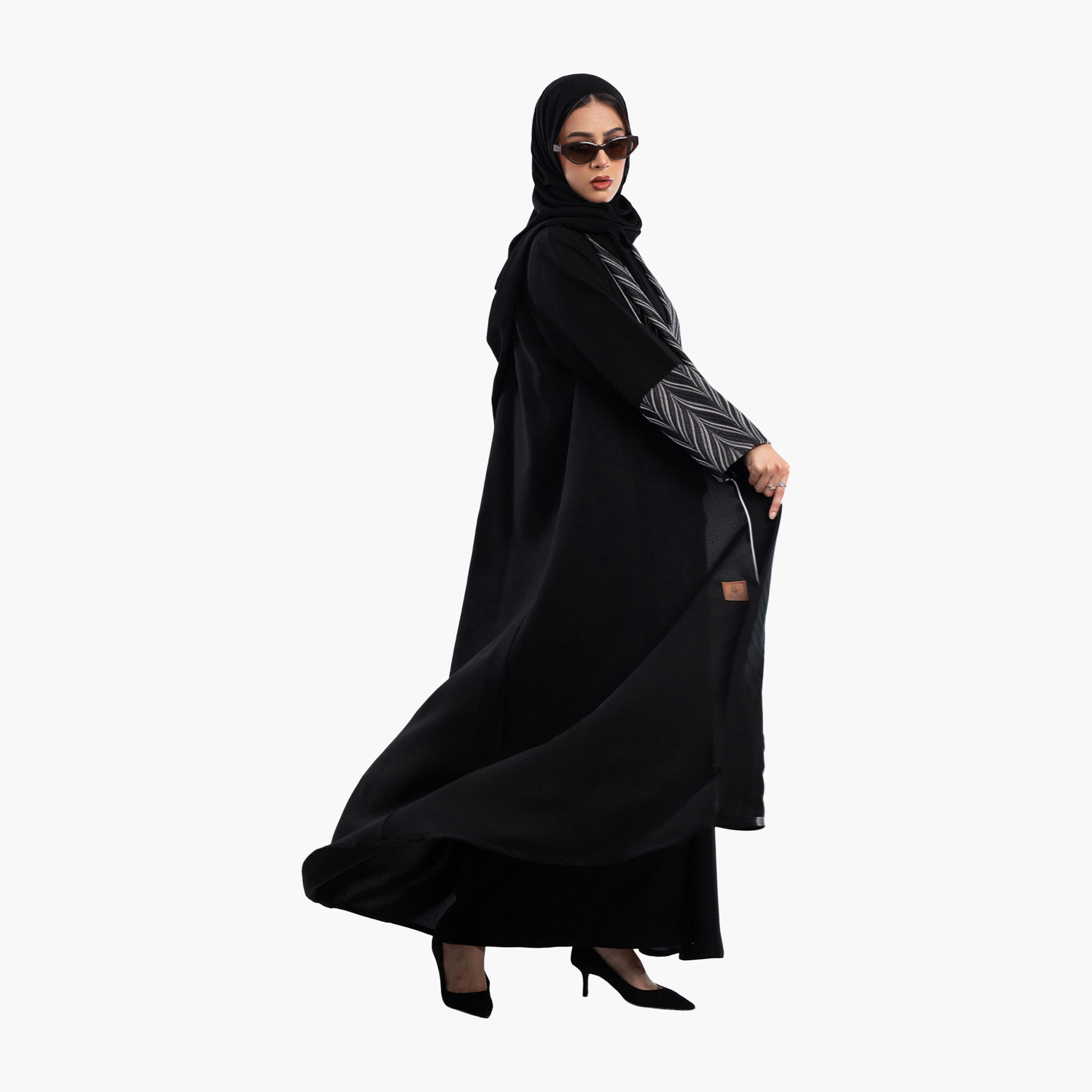 Zahiyh Jacquard Dual Tone Wide Sleeves Abaya with Hijab-women-arabicclothing-abayas-image-4