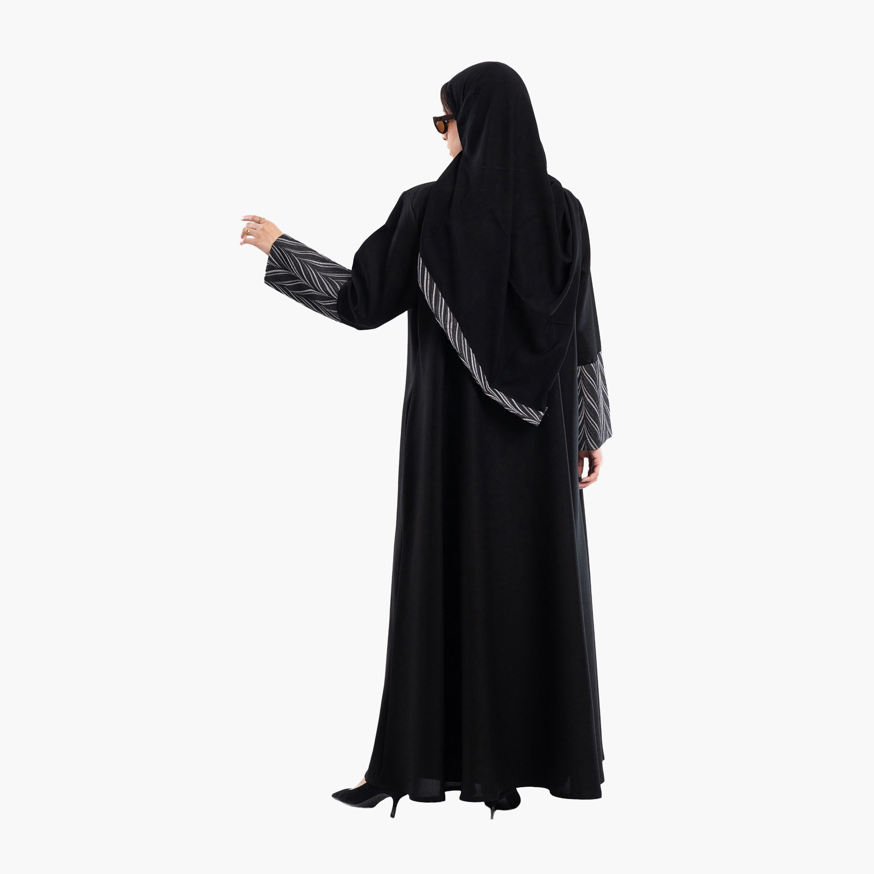 Zahiyh Jacquard Dual Tone Wide Sleeves Abaya with Hijab-women-arabicclothing-abayas-image-5