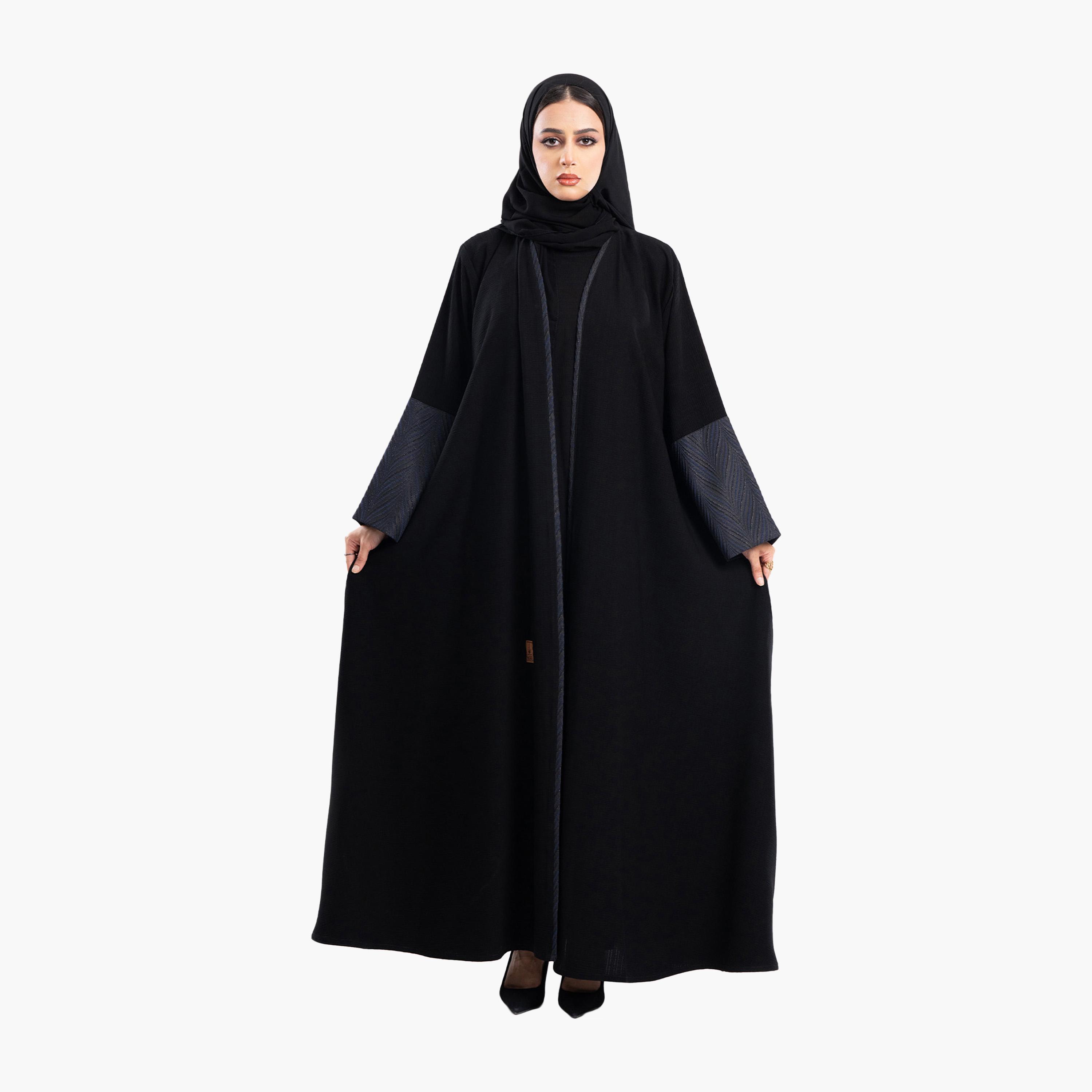 Zahiyh Black Jacquard Dual Tone Sleeves Abaya with Hijab-women-arabicclothing-abayas-image-1