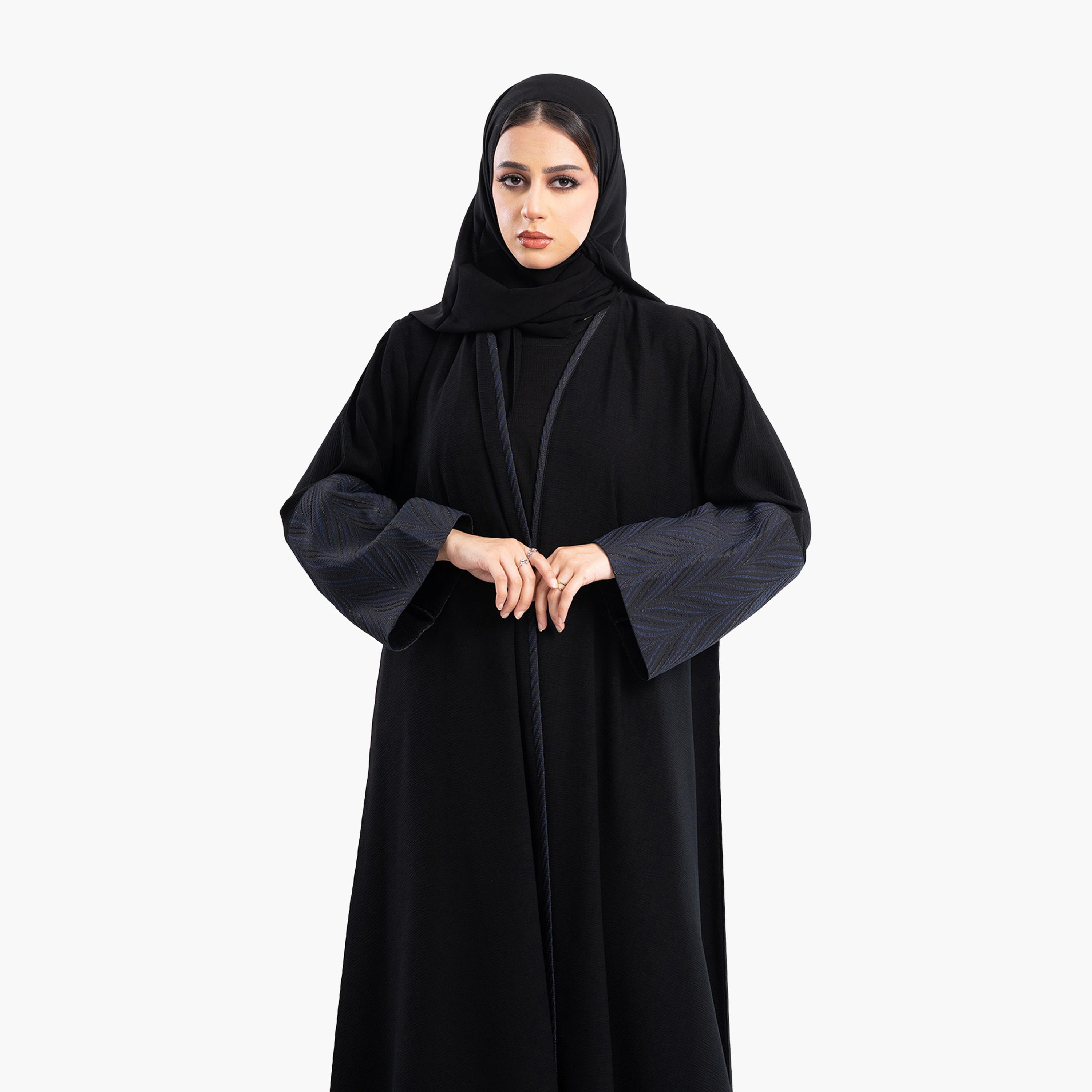 Zahiyh Black Jacquard Dual Tone Sleeves Abaya with Hijab-women-arabicclothing-abayas-image-2