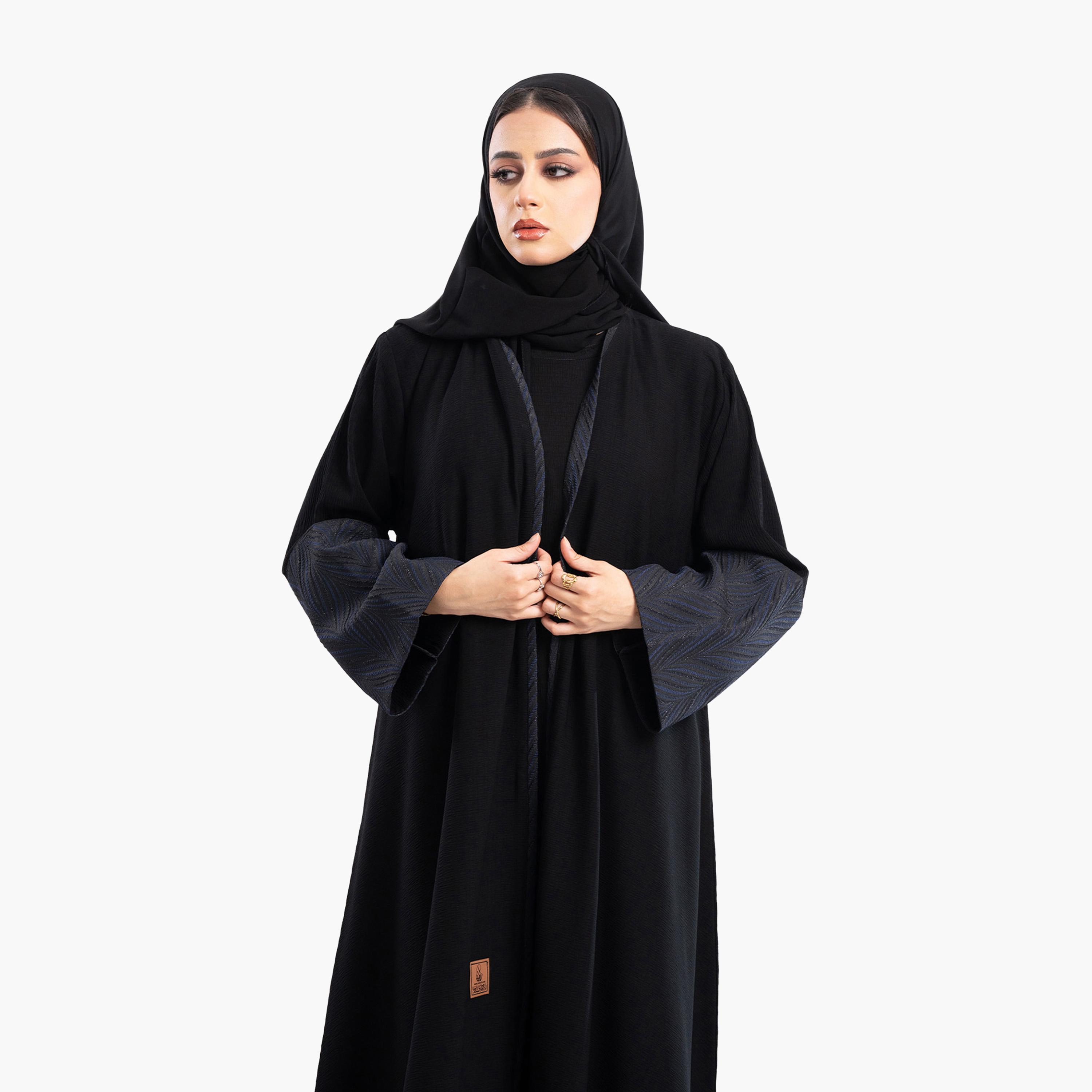 Zahiyh Black Jacquard Dual Tone Sleeves Abaya with Hijab-women-arabicclothing-abayas-image-3