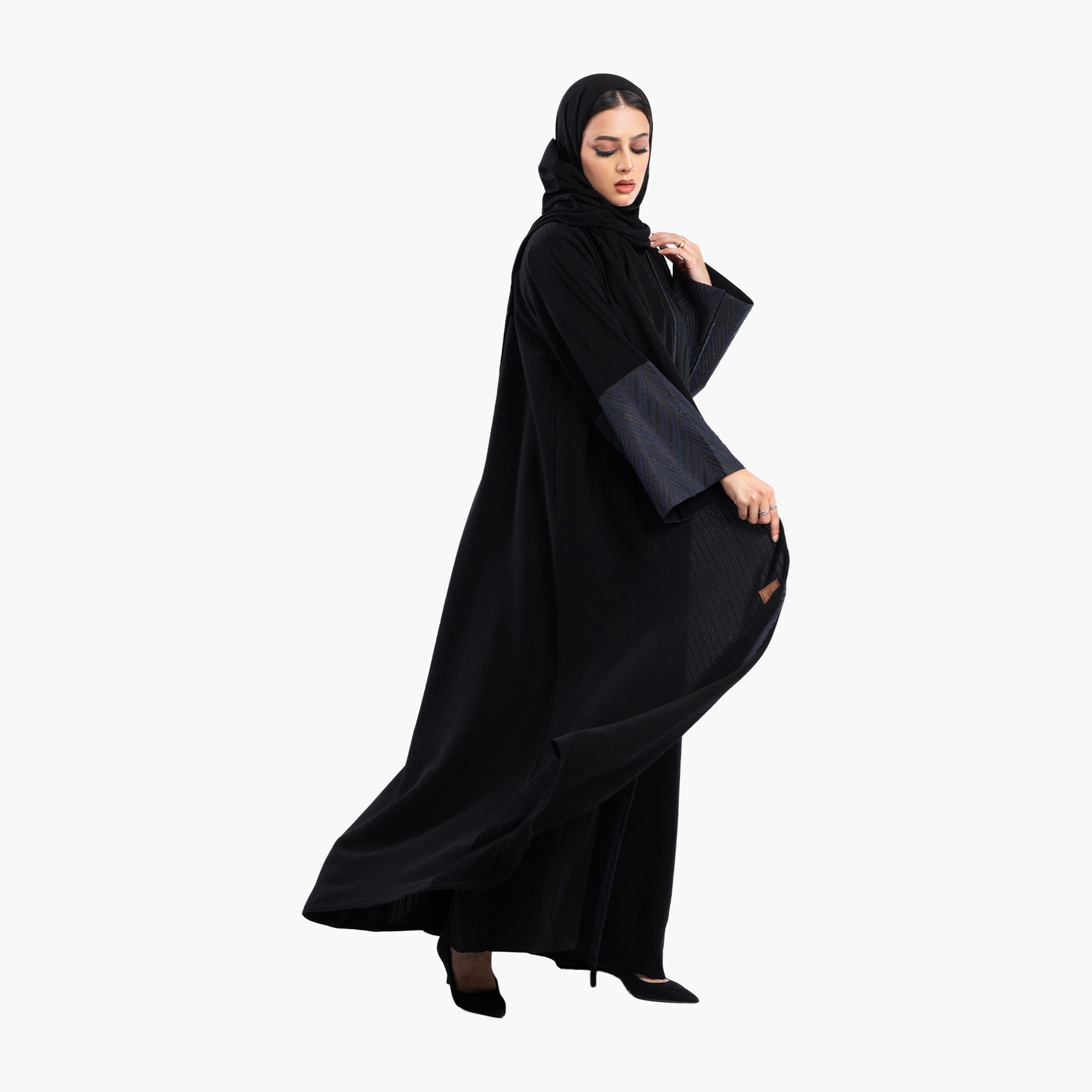 Zahiyh Black Jacquard Dual Tone Sleeves Abaya with Hijab-women-arabicclothing-abayas-image-4