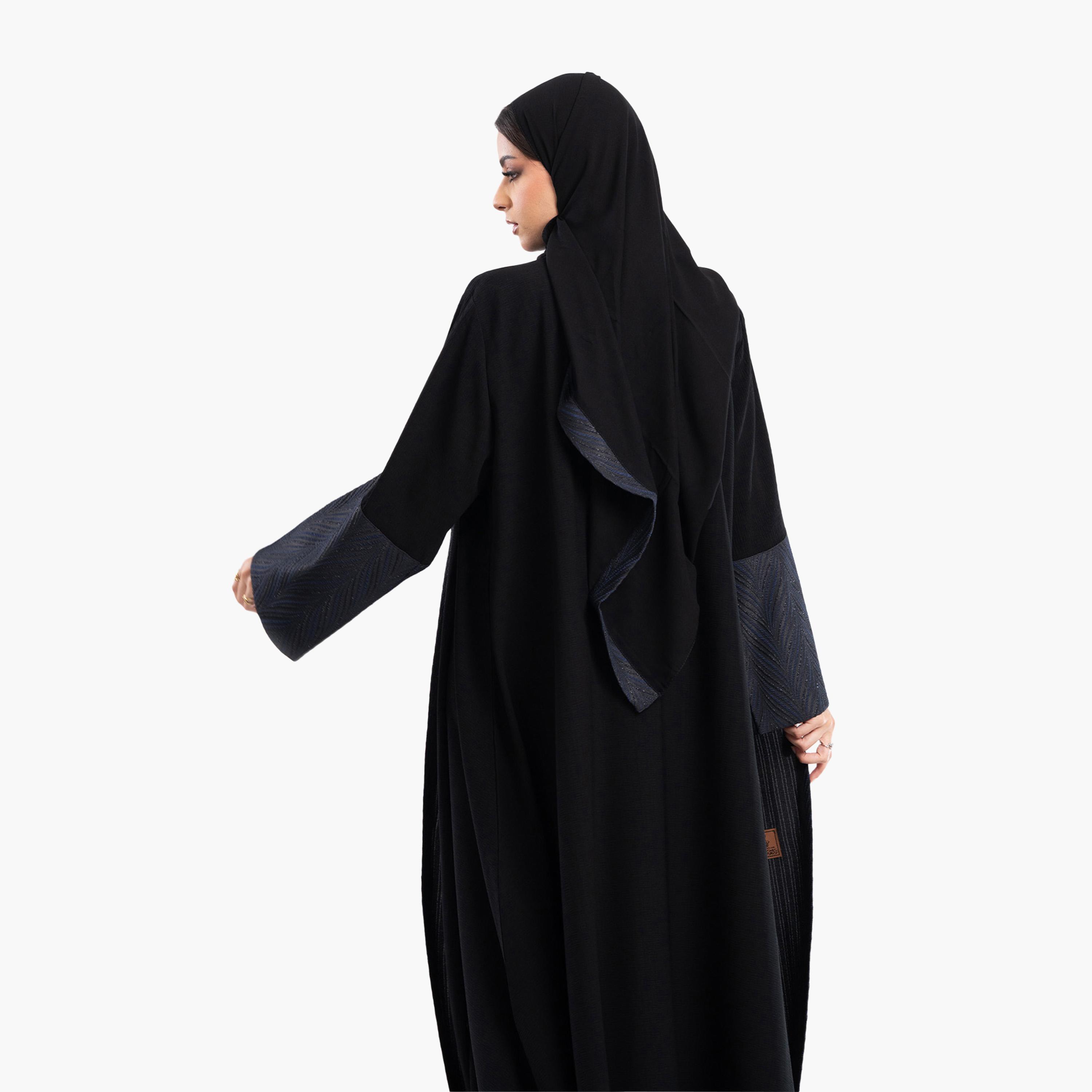 Zahiyh Black Jacquard Dual Tone Sleeves Abaya with Hijab-women-arabicclothing-abayas-image-5