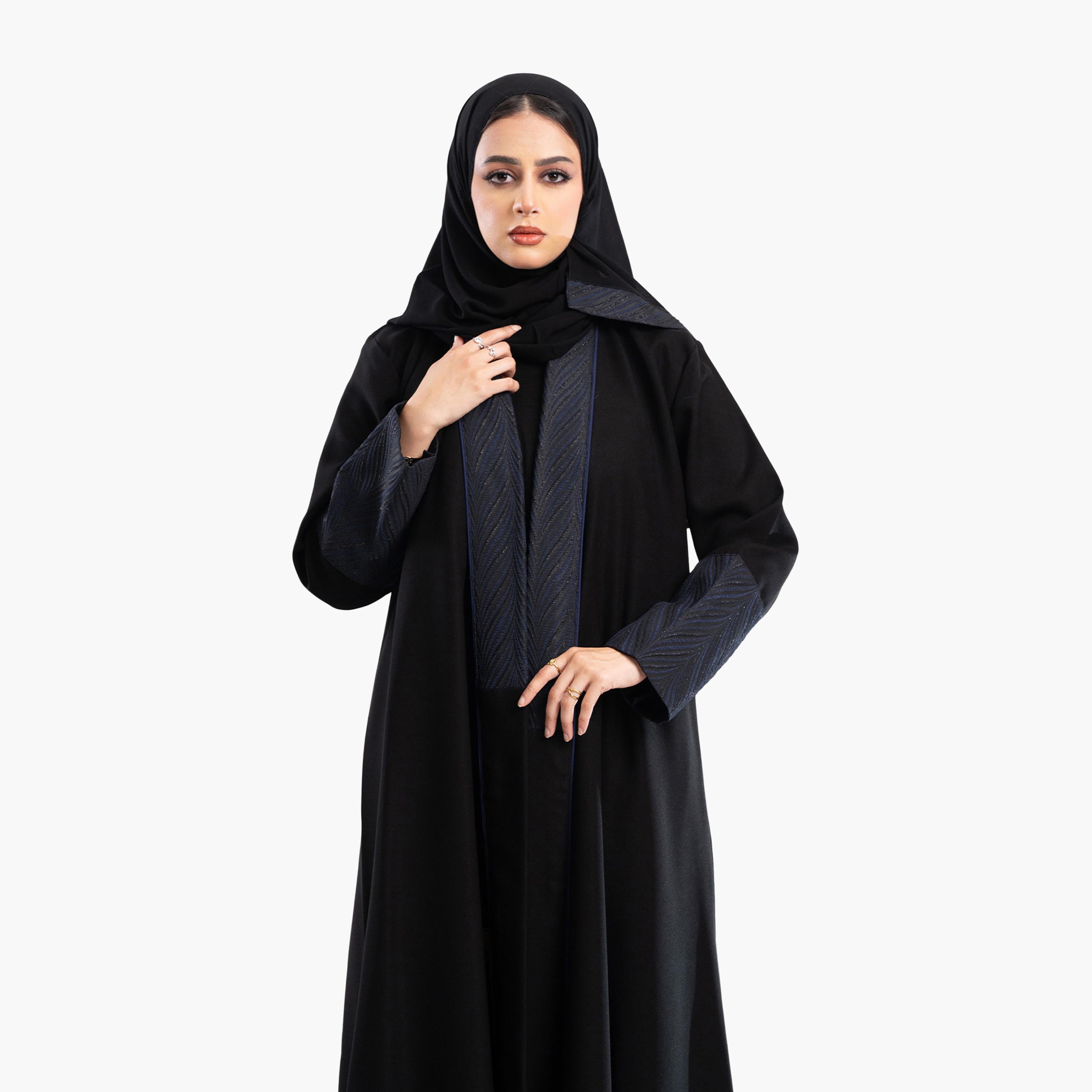 Zahiyh Jacquard Dual Tone Sleeves Abaya with Hijab-women-arabicclothing-abayas-image-2