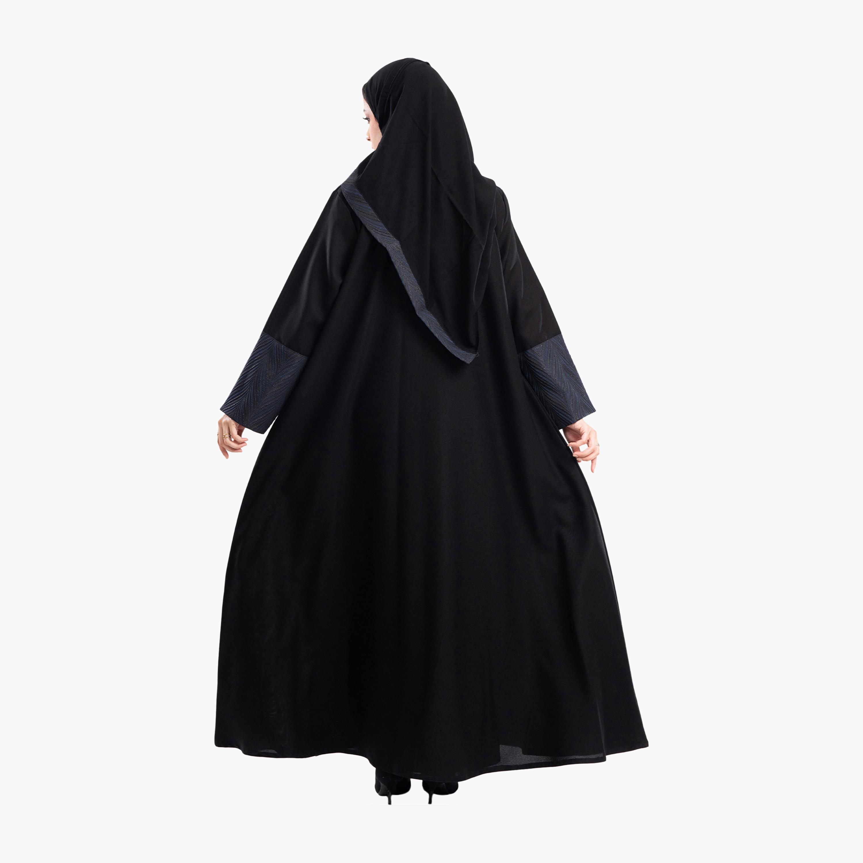 Zahiyh Jacquard Dual Tone Sleeves Abaya with Hijab-women-arabicclothing-abayas-image-4