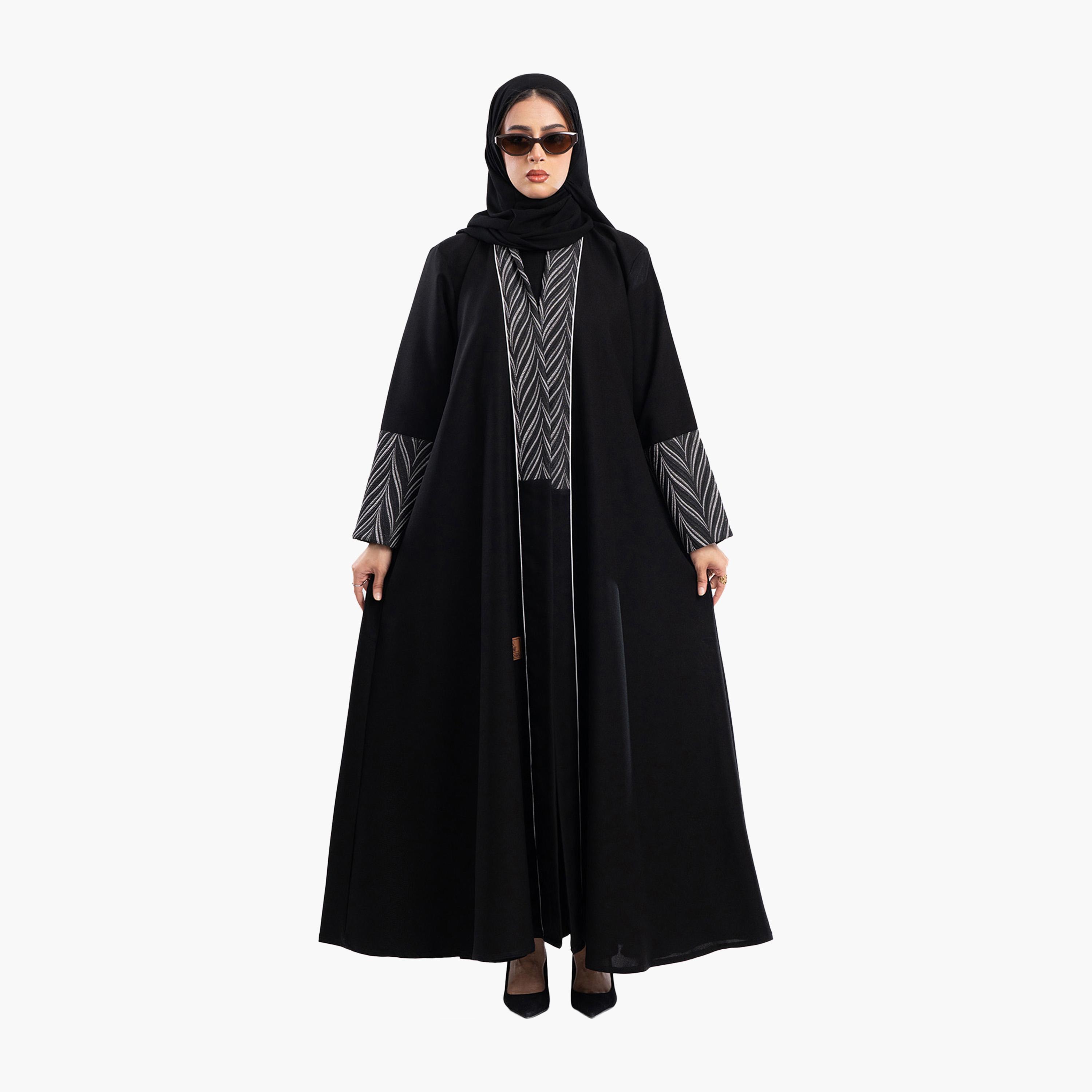 Zahiyh Jacquard Dual Tone Sleeves Abaya with Hijab-women-arabicclothing-abayas-image-1