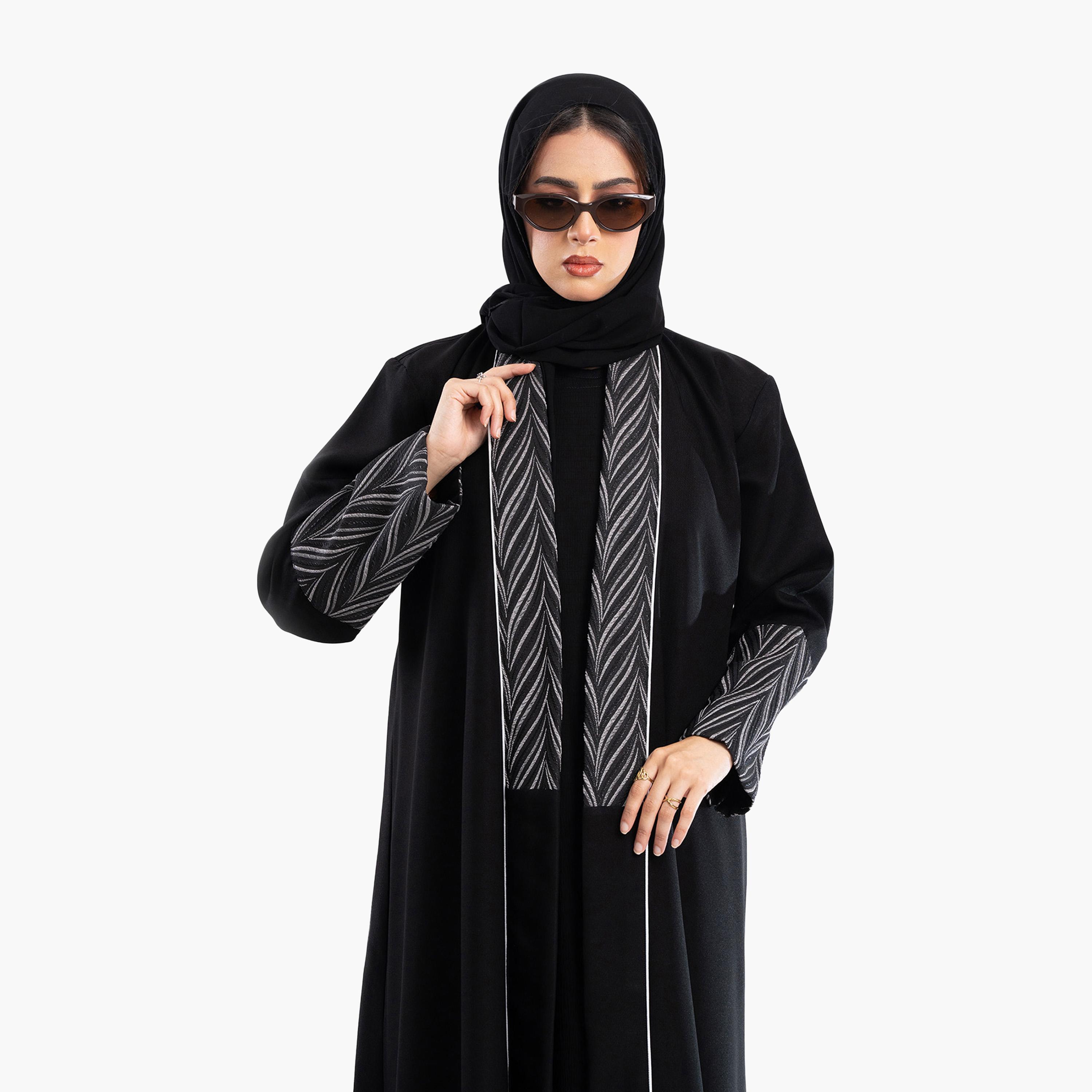 Zahiyh Jacquard Dual Tone Sleeves Abaya with Hijab-women-arabicclothing-abayas-image-2