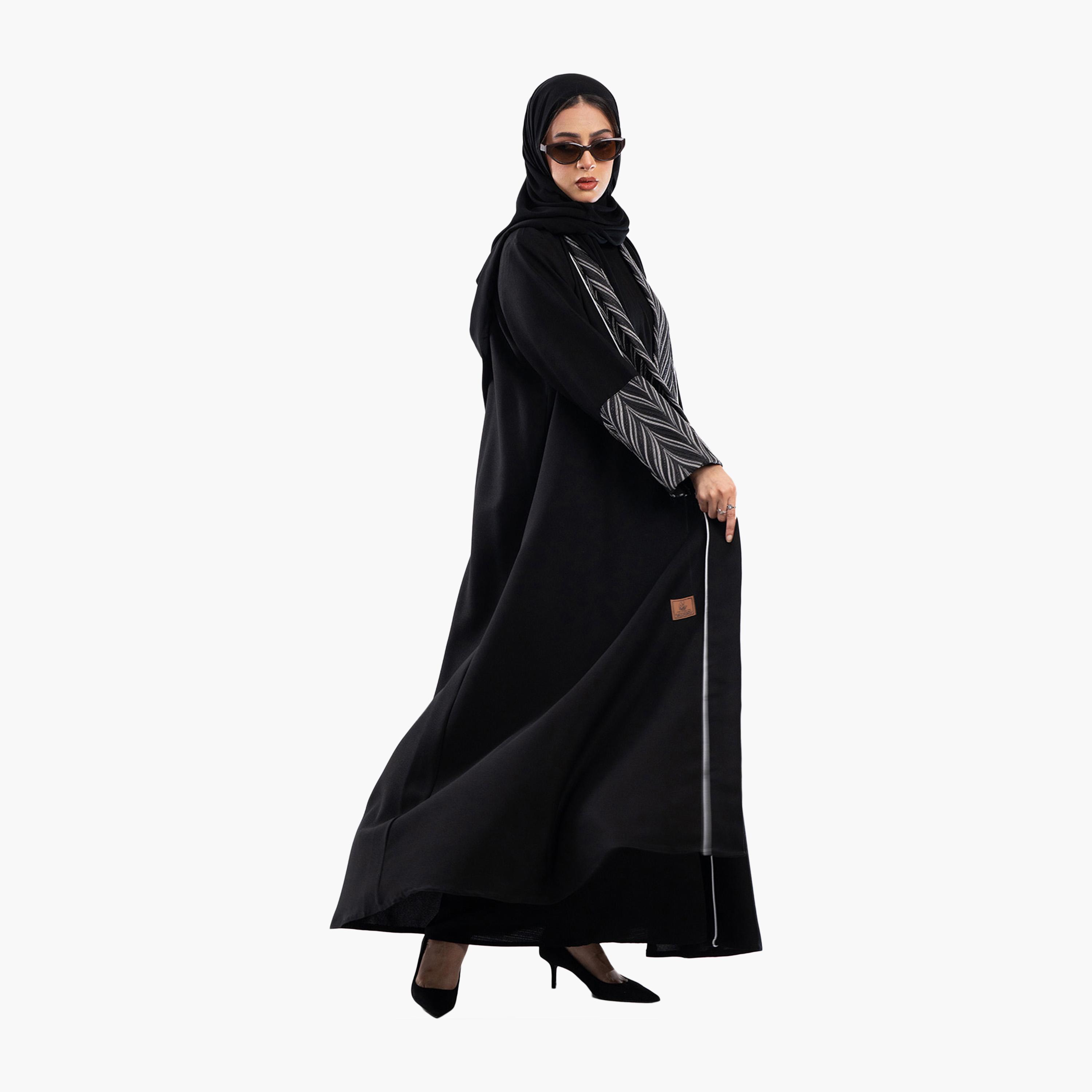 Zahiyh Jacquard Dual Tone Sleeves Abaya with Hijab-women-arabicclothing-abayas-image-3