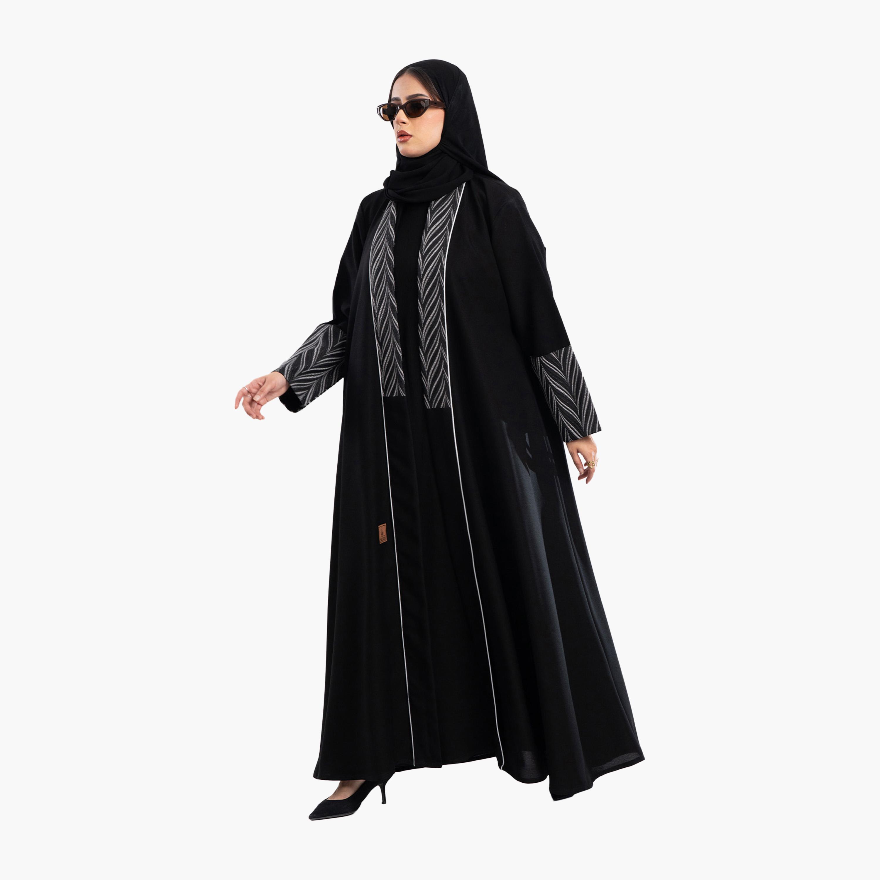Zahiyh Jacquard Dual Tone Sleeves Abaya with Hijab-women-arabicclothing-abayas-image-4