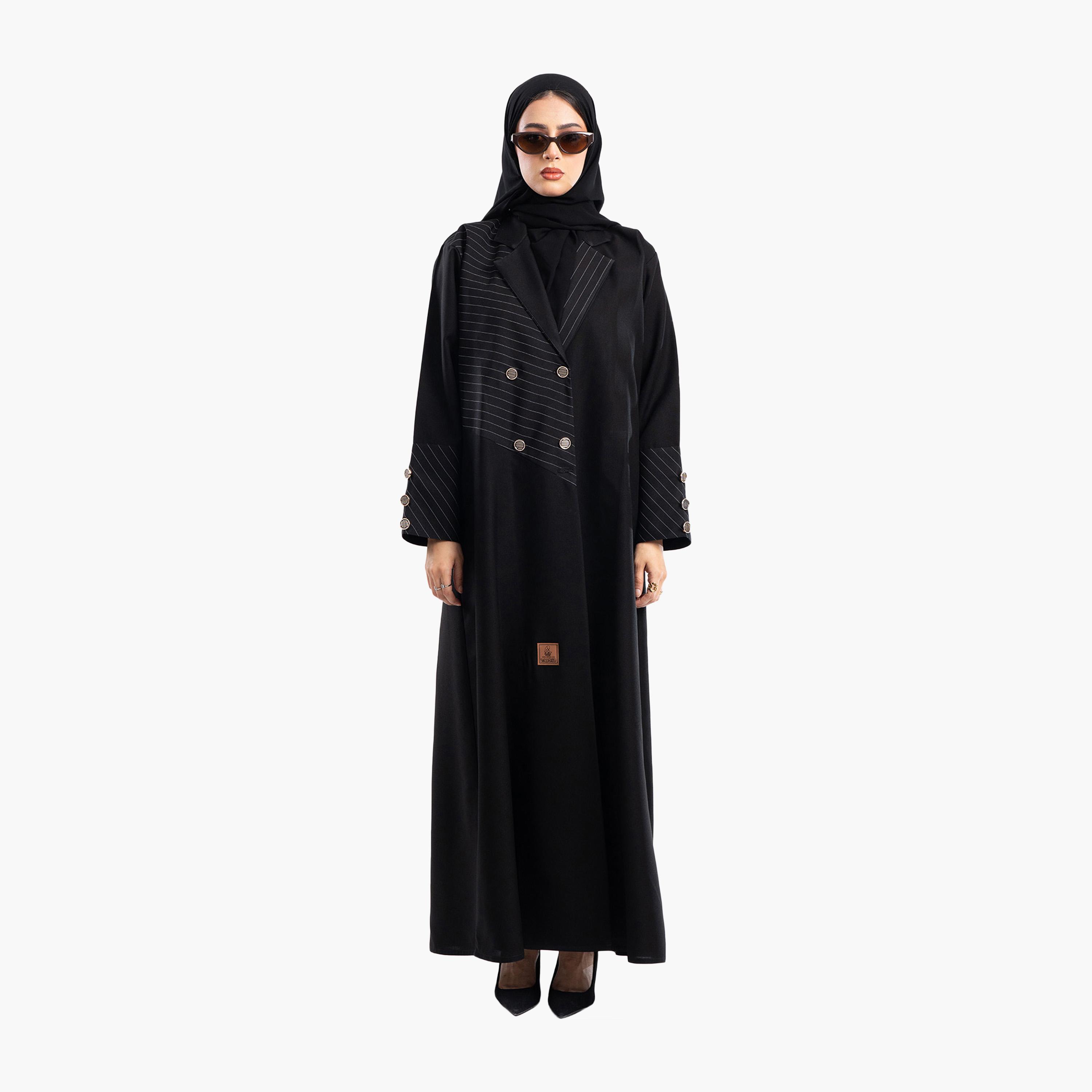 Zahiyh Black Striped Lapel Collar Formal Blazer Style Abaya with Hijab-women-arabicclothing-abayas-image-1