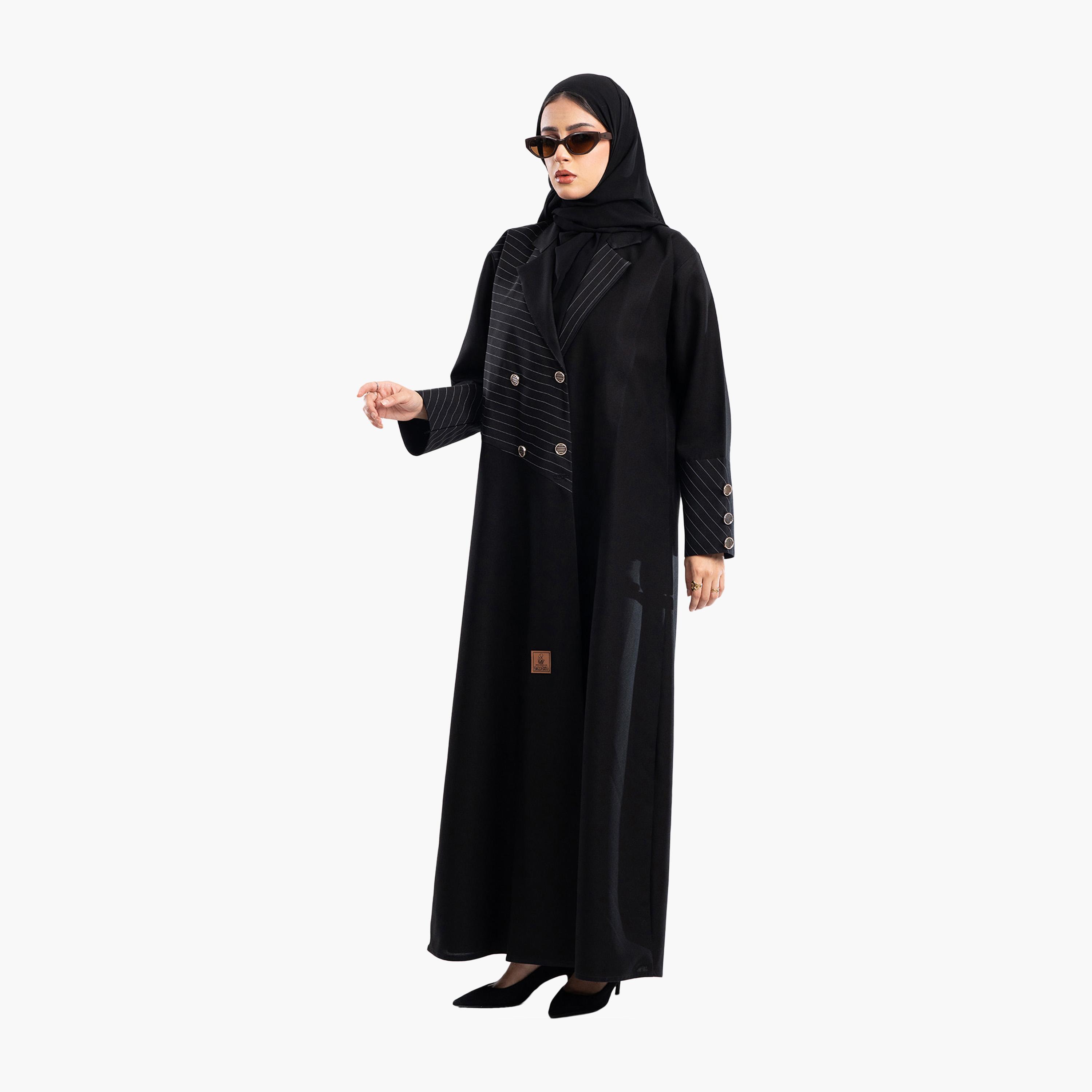 Zahiyh Black Striped Lapel Collar Formal Blazer Style Abaya with Hijab-women-arabicclothing-abayas-image-2