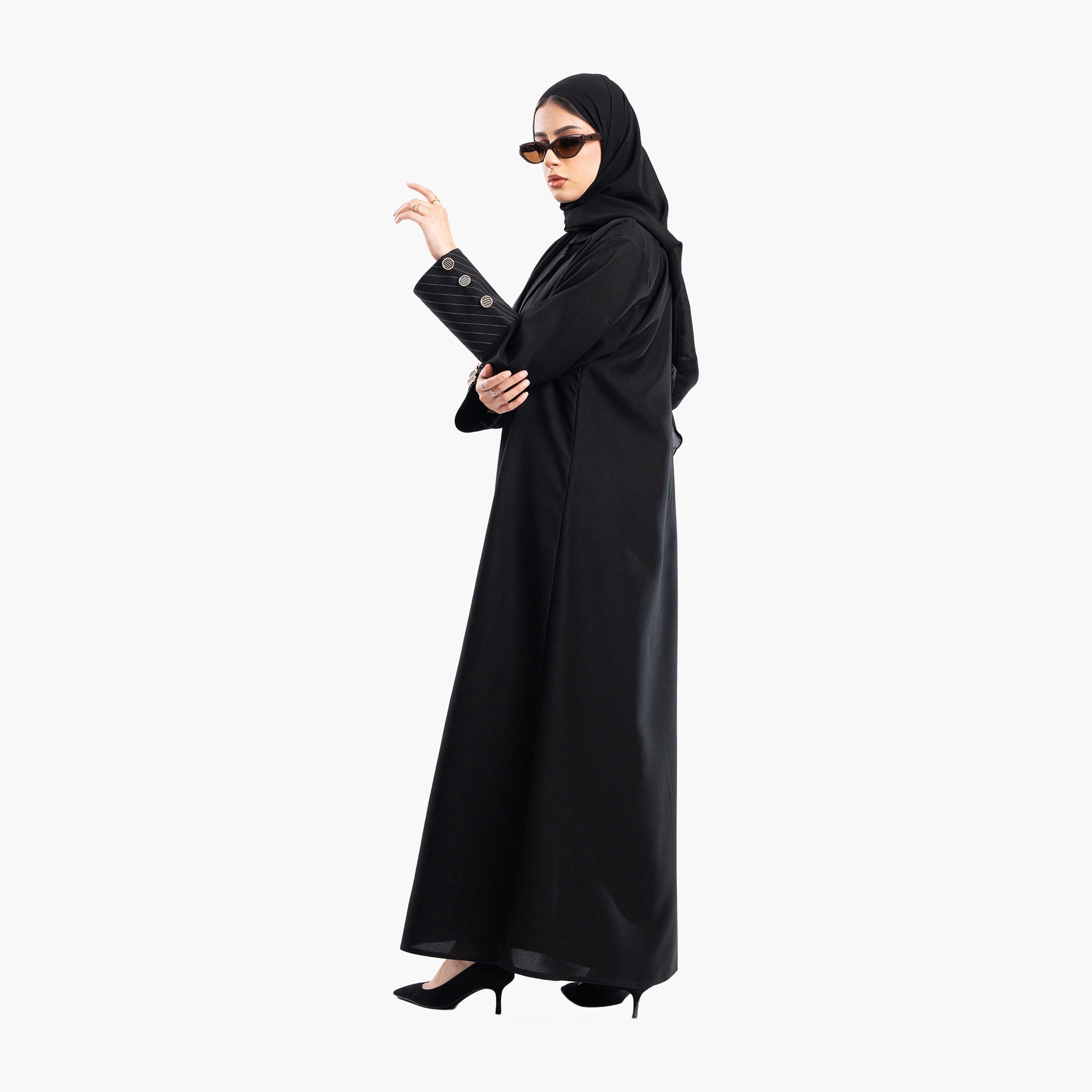 Zahiyh Black Striped Lapel Collar Formal Blazer Style Abaya with Hijab-women-arabicclothing-abayas-image-3