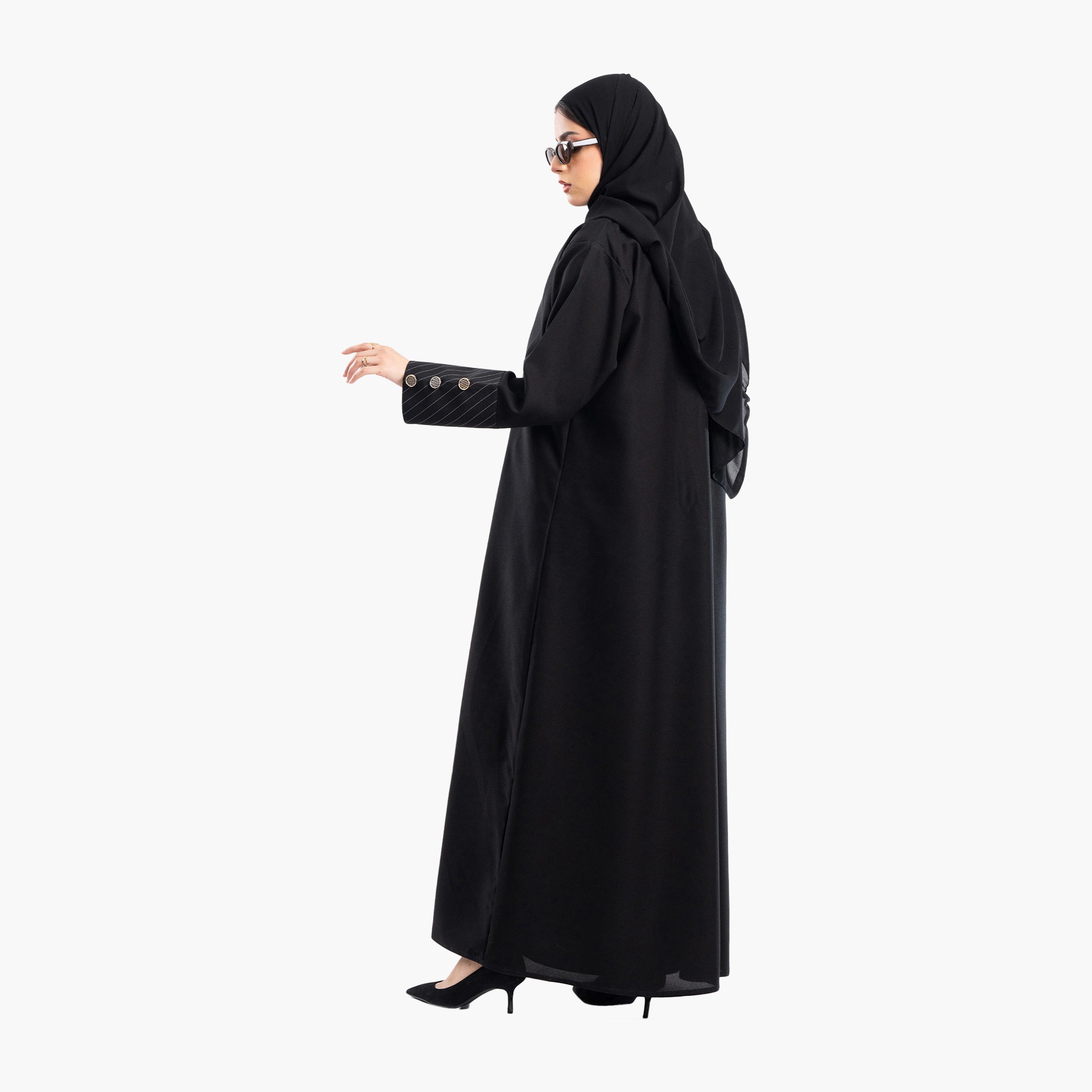 Zahiyh Black Striped Lapel Collar Formal Blazer Style Abaya with Hijab-women-arabicclothing-abayas-image-4