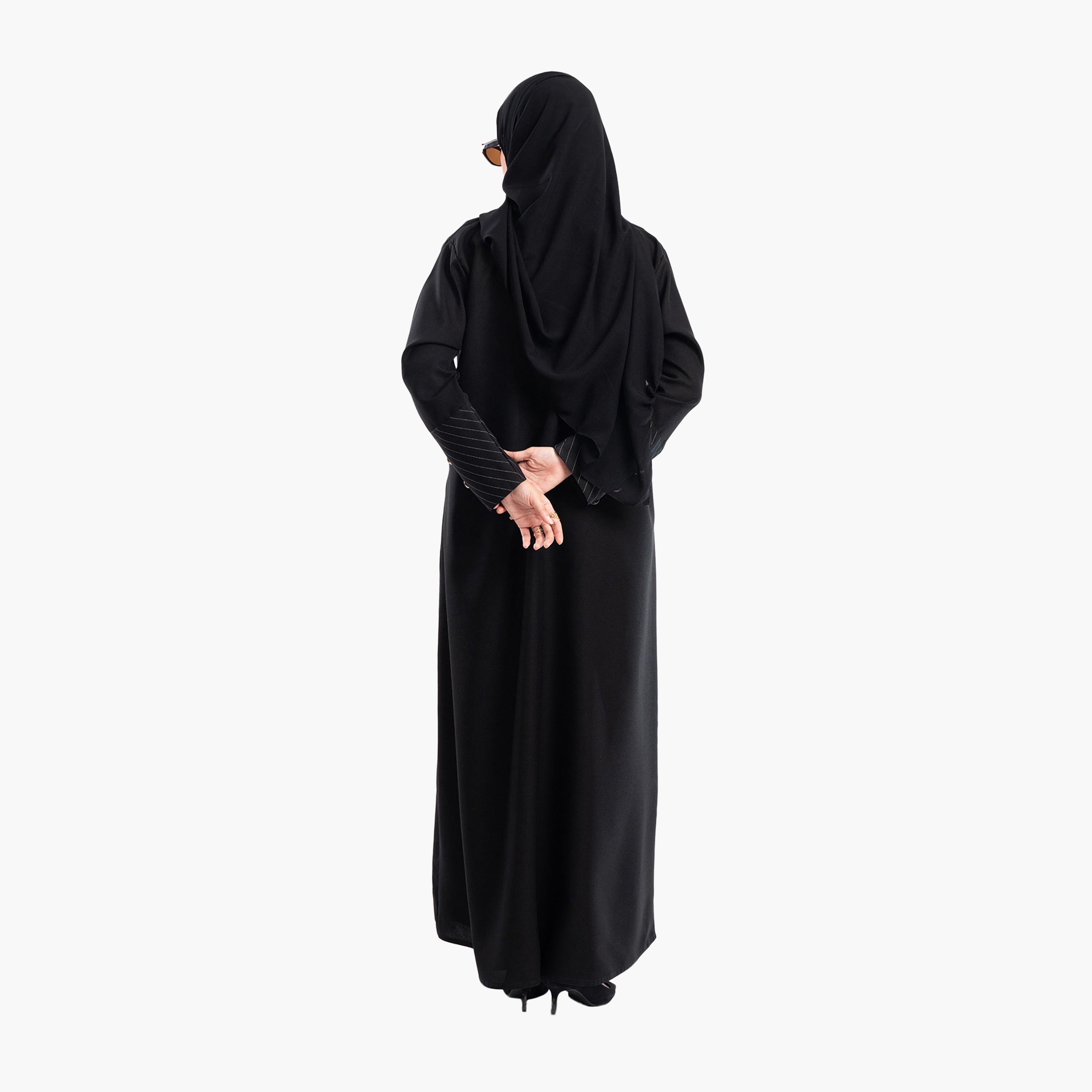 Zahiyh Black Striped Lapel Collar Formal Blazer Style Abaya with Hijab-women-arabicclothing-abayas-image-5