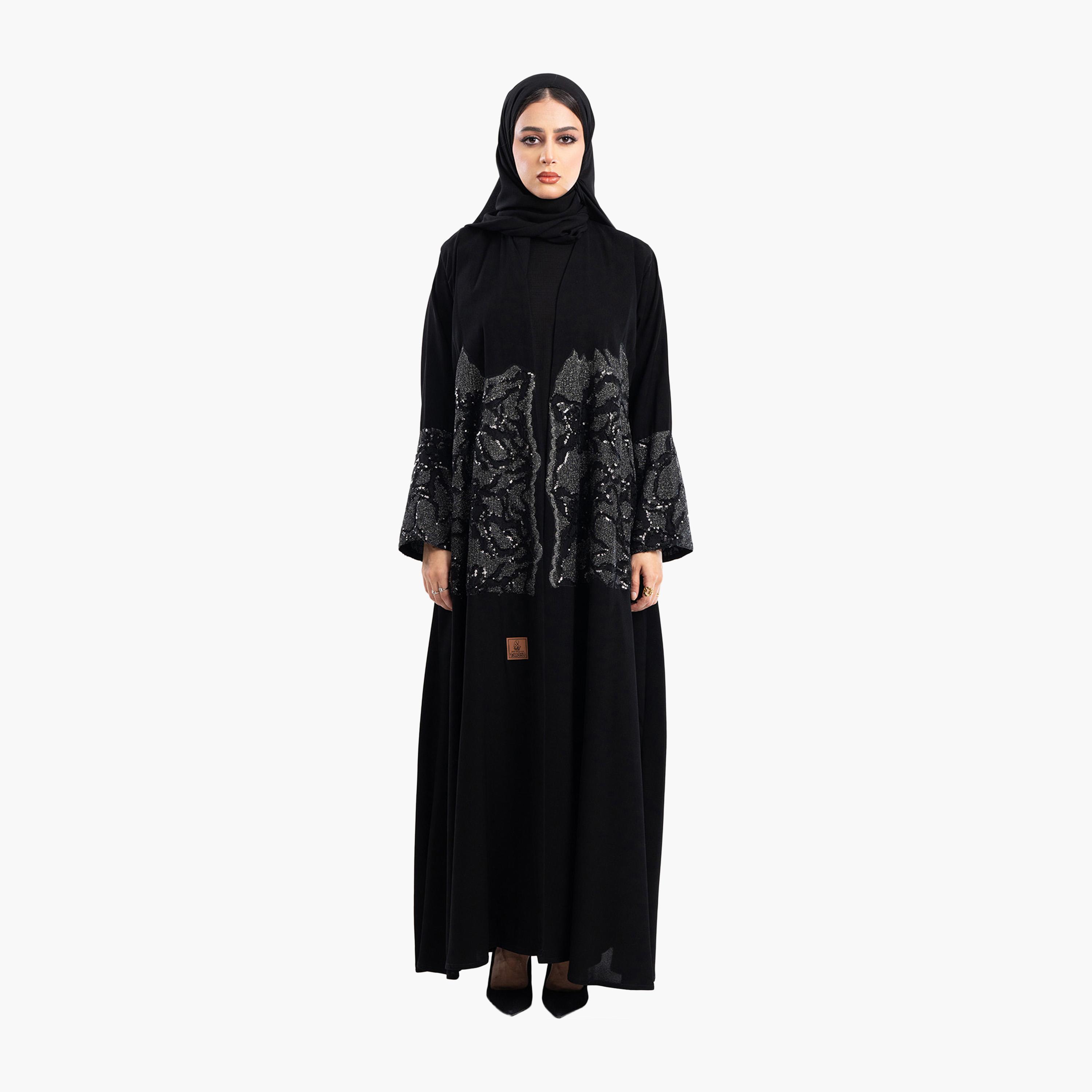 Zahiyh Black Sequined & Beaded Evening Abaya with Hijab-women-arabicclothing-abayas-image-1
