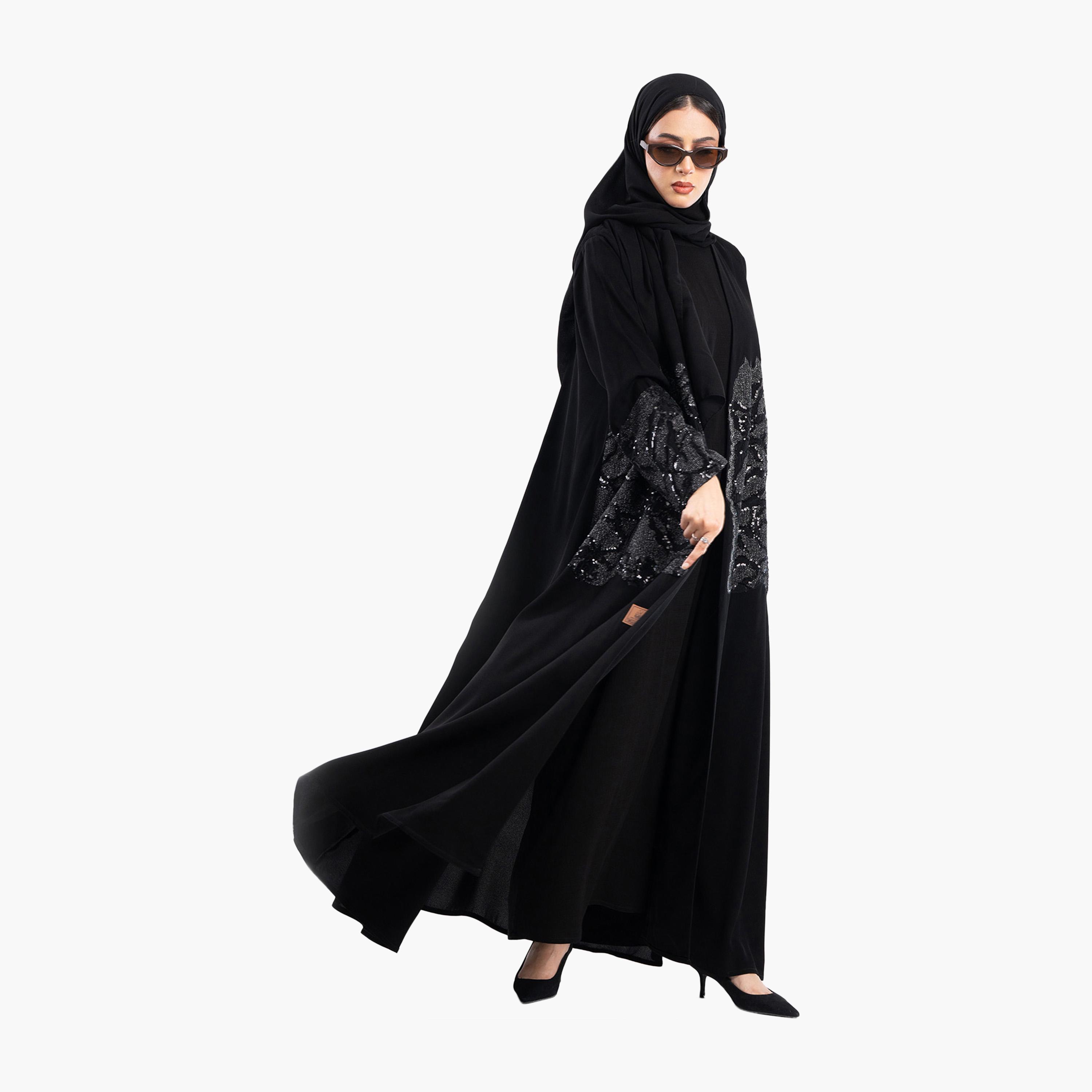 Zahiyh Black Sequined & Beaded Evening Abaya with Hijab-women-arabicclothing-abayas-image-2