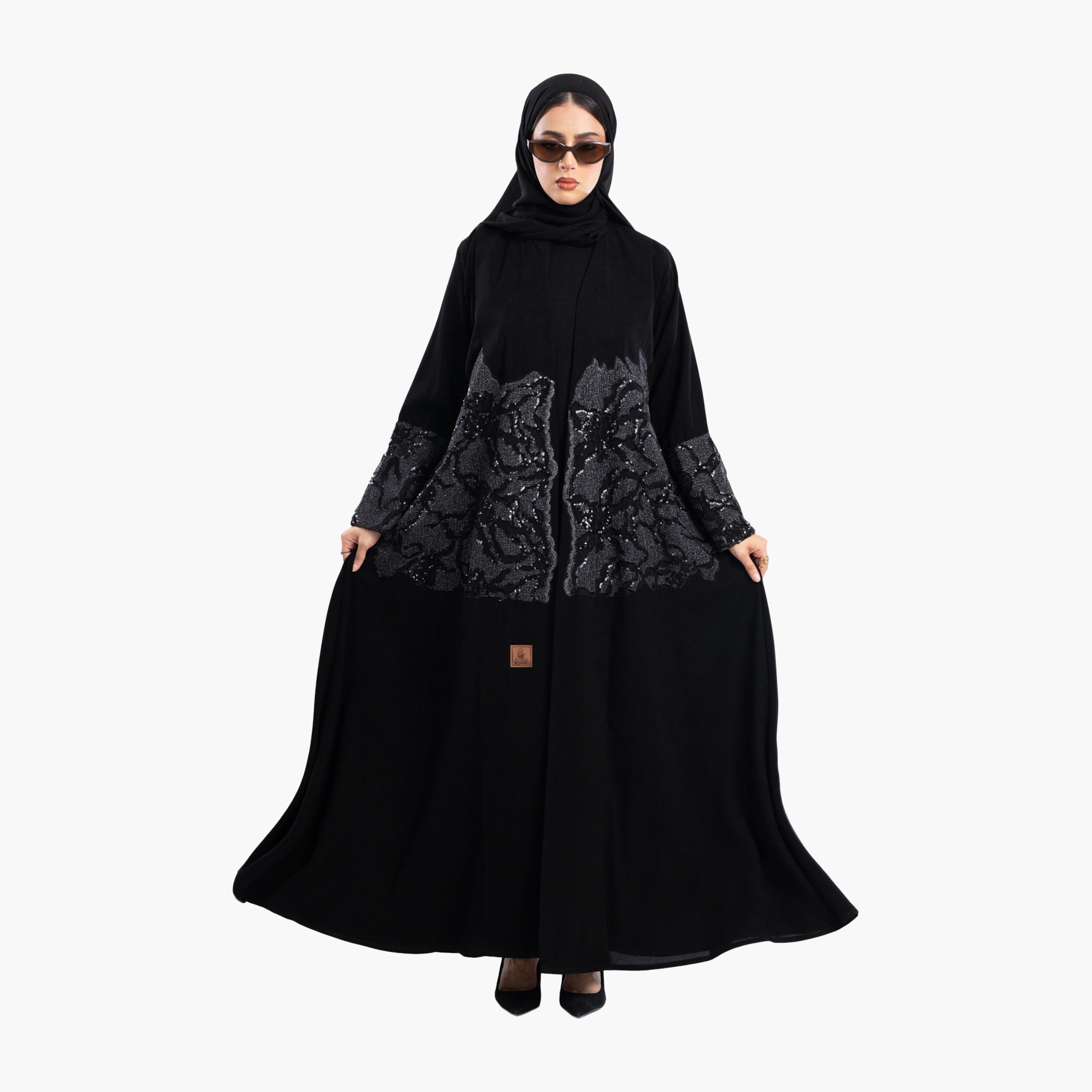 Zahiyh Black Sequined & Beaded Evening Abaya with Hijab-women-arabicclothing-abayas-image-3